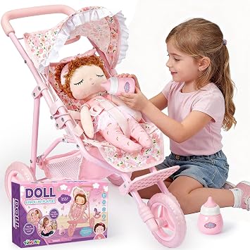 Toylink Baby Doll Stroller Toy Set for Girls Toddlers 3-5, 13.4" Baby Doll Accessories Set with Foldable Stroller & Bottle, Pretend Play Baby Toy Christmas Birthday Gifts for Kids 3 4 5 6 7 8 Year Old