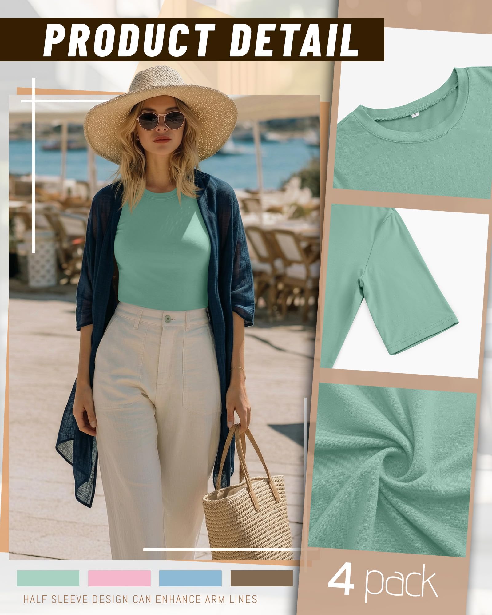 Neer Confezione da 4 Magliette da Donna con Mezze Maniche, Lunghezza ai Gomiti, vestibilità Aderente, Scollo Rotondo, 1/2 Maniche, estive, Basic | Camicie slim fit a mezza manica, maglietta di base elastica leggera, abbigliamento da ufficio, abbigliamento
