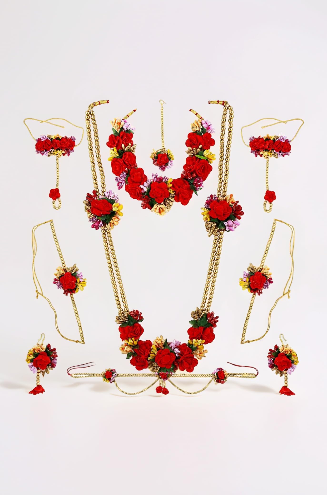 womens Multi Colour Artificial Flower Necklace Combo Set | Baby Shower Jewellery Set | Haldi, Mehndi, Sangeet, Godbharari, Maternity Shoot Jewellery