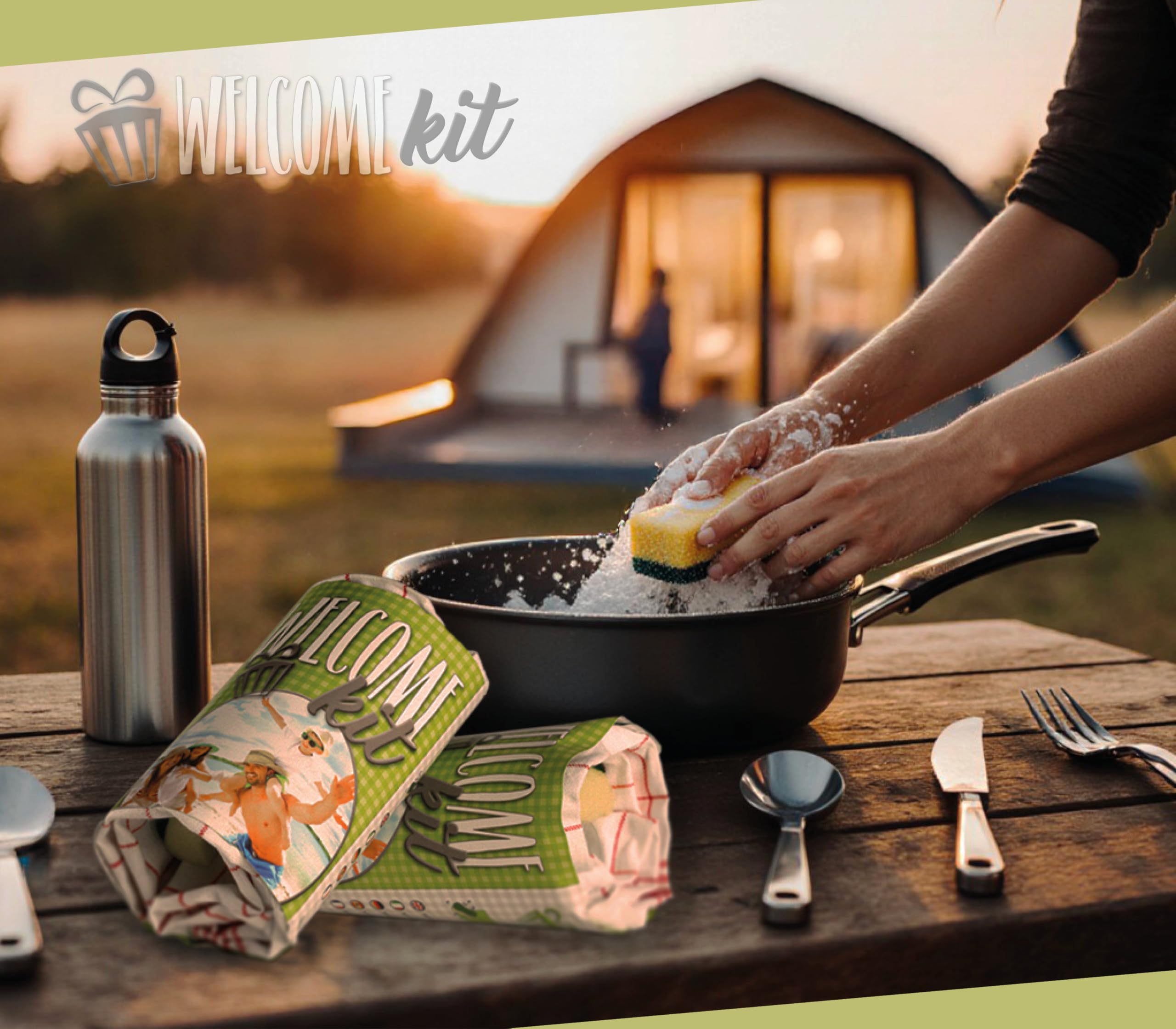 PRESENT-MORE - Accessori Campeggio in Fascetta - 15 Pezzi | Kit Campeggio Completo - Accoppiata, Spugna, Detersivo, Strofinaccio, Microfibra e Sacco - Ideale per Camping