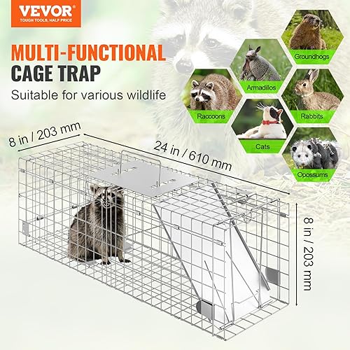 Miniatura 2 de VEVOR Trampa de jaula de animales vivos, trampa para gatos de hierro galvanizado de 24 x 8 x 8 pulgadas, trampa plegable para animales con mango