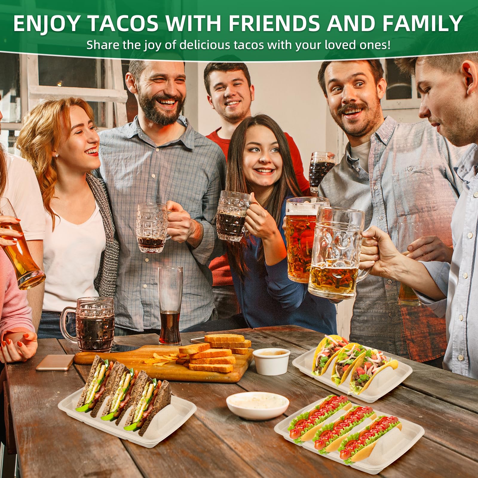 50PCS Disposable Taco Holder For Party,Disposable Taco Plates With 3 Dividers