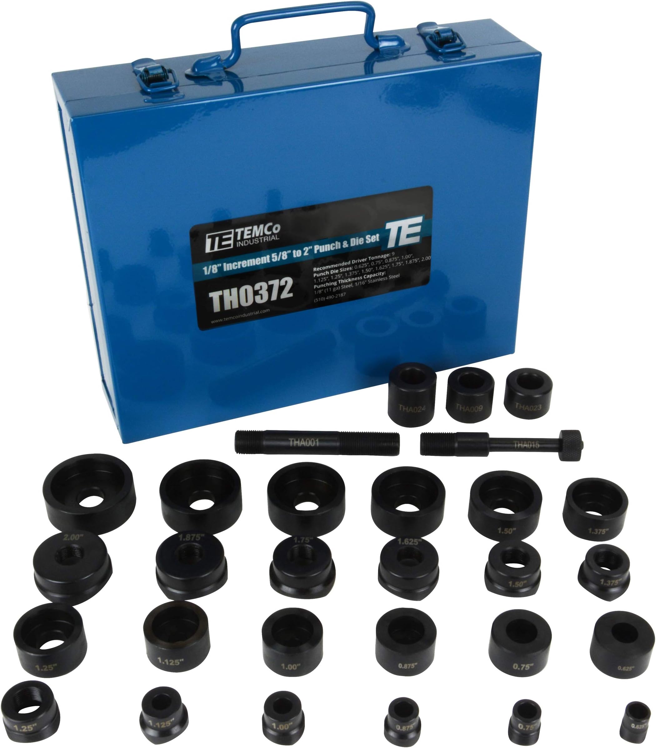 TEMCo TH0372 Punch & Die Set, Non-Conduit 5/8 3/4 7/8 1 1.125 1.25 1.375 1.50 1.625 1.75 1.875 2.00
