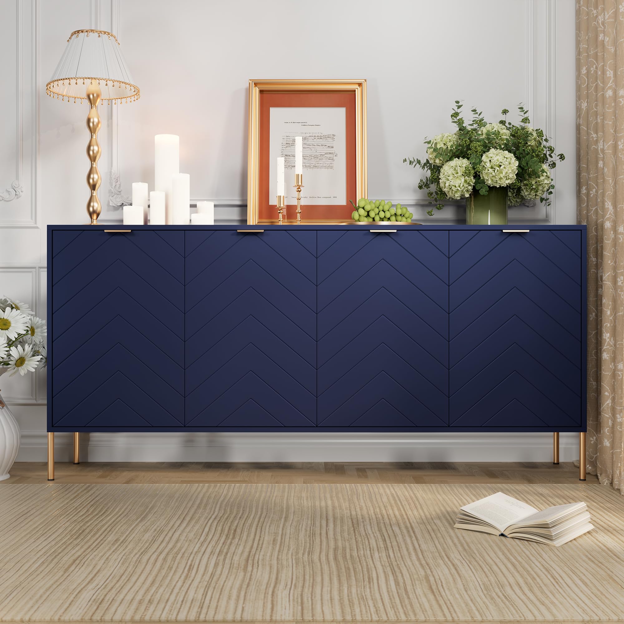 63 Inch Storage Cabinet with 4 Doors?Free-Standing Sideboard with Gold Legs,Monden Accent Cabinet with Adjustable Shelf for Hallway, Living Room, Blue