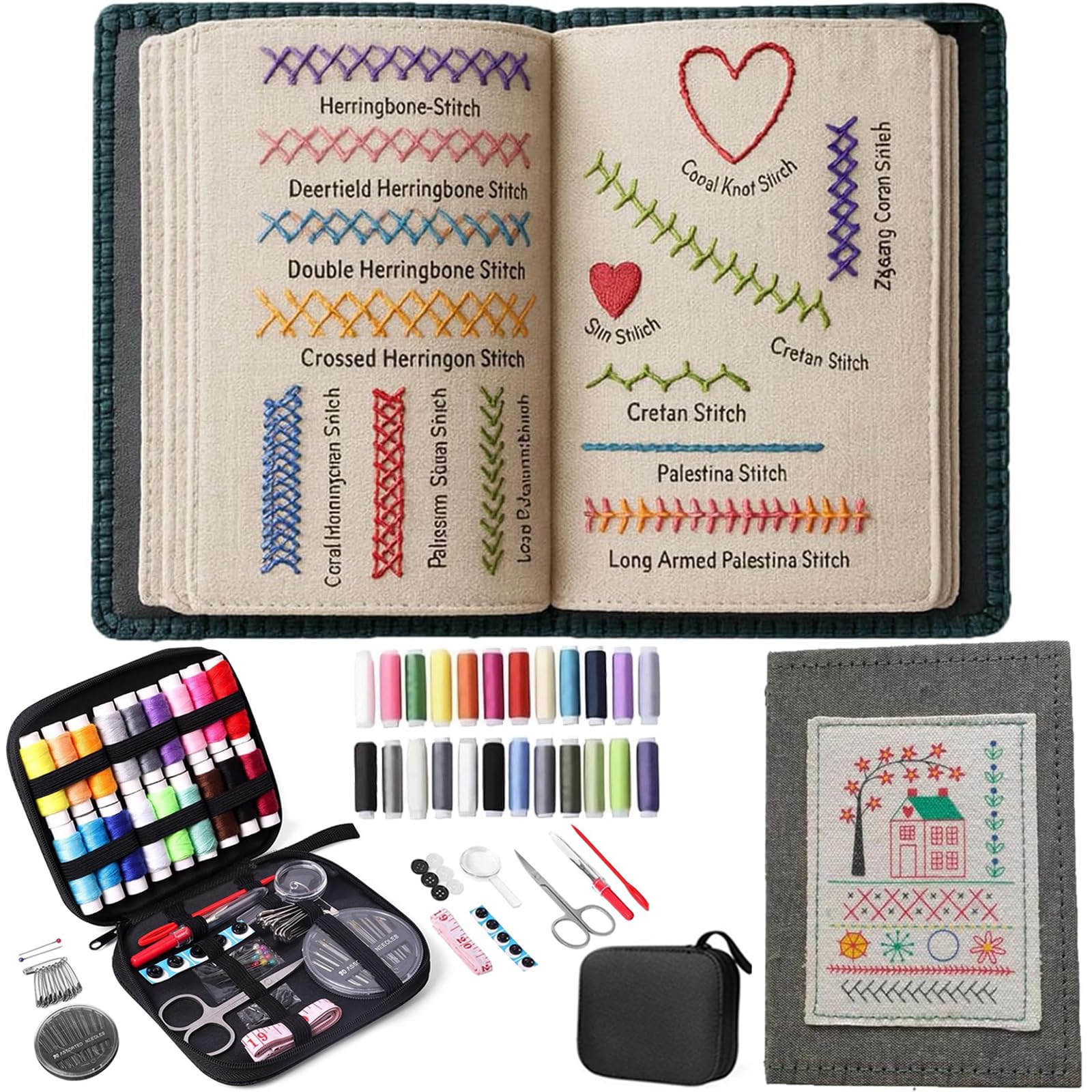Pipihome Embroidery Stitch Book, Travel Sewing Embroidery Kit for Beginners, Creative Embroidery Book with Needle and Thread Kit, Craft Gift for Craft Lovers & Enthusiasts