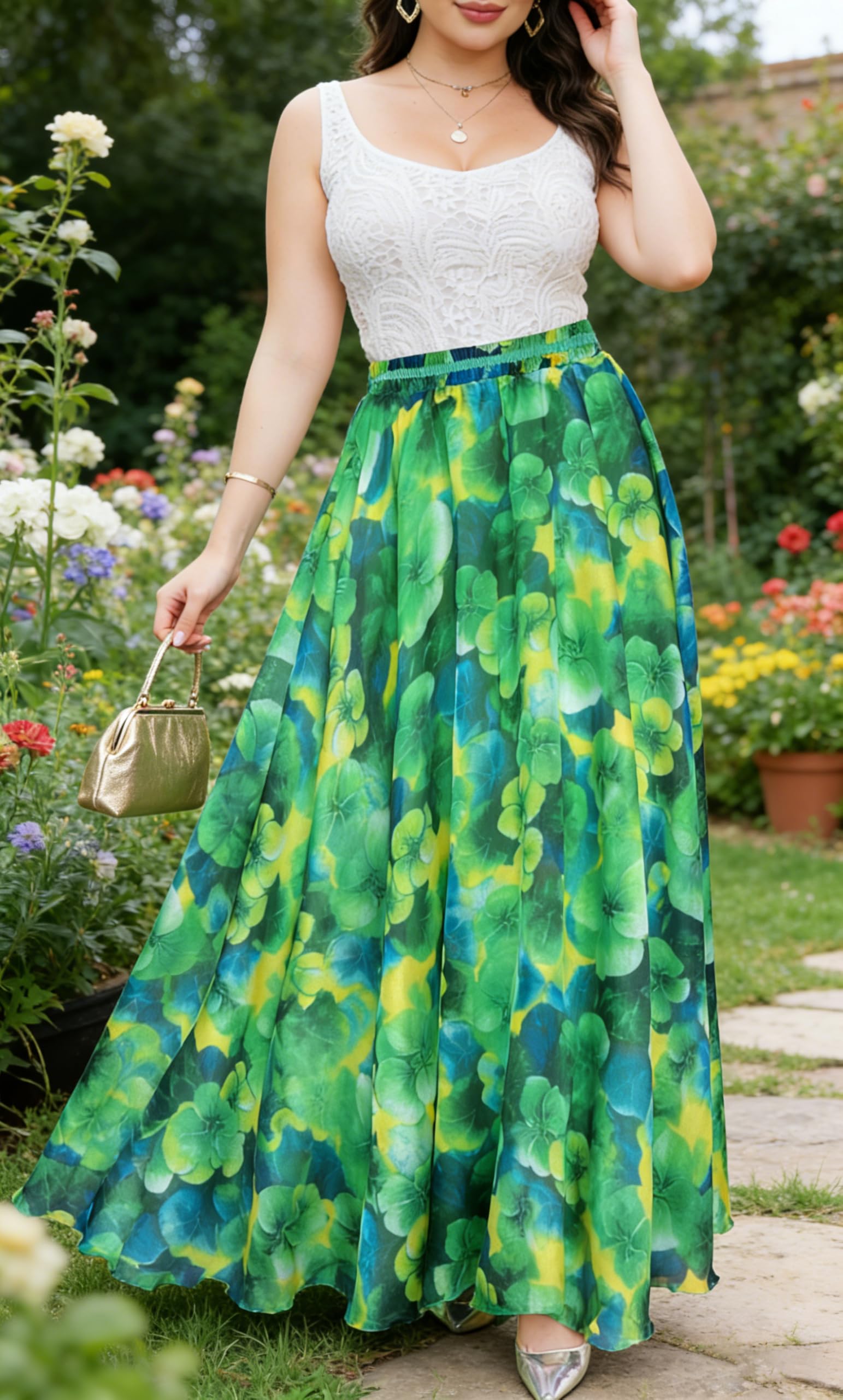 Afibi Womens Blending Chiffon Retro Long Maxi Skirt Vintage Dress