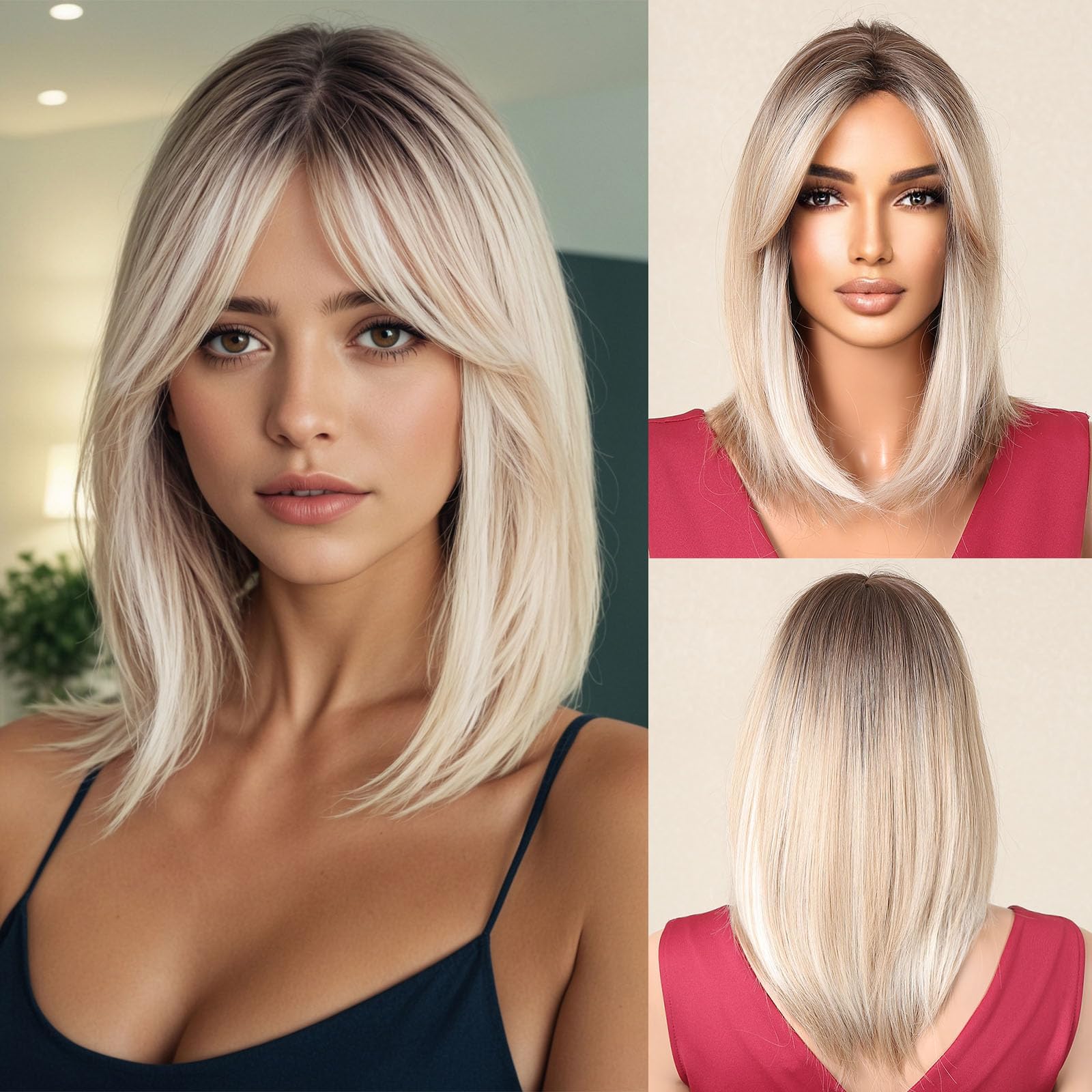 testar Blonde Bob Wigs For White Women 14 IN Ombre Short Bob Wigs with Curtain Bangs Layered Straight Synthetic Wigs for Daily Party Cosplay Christmas Use (613 Blonde)