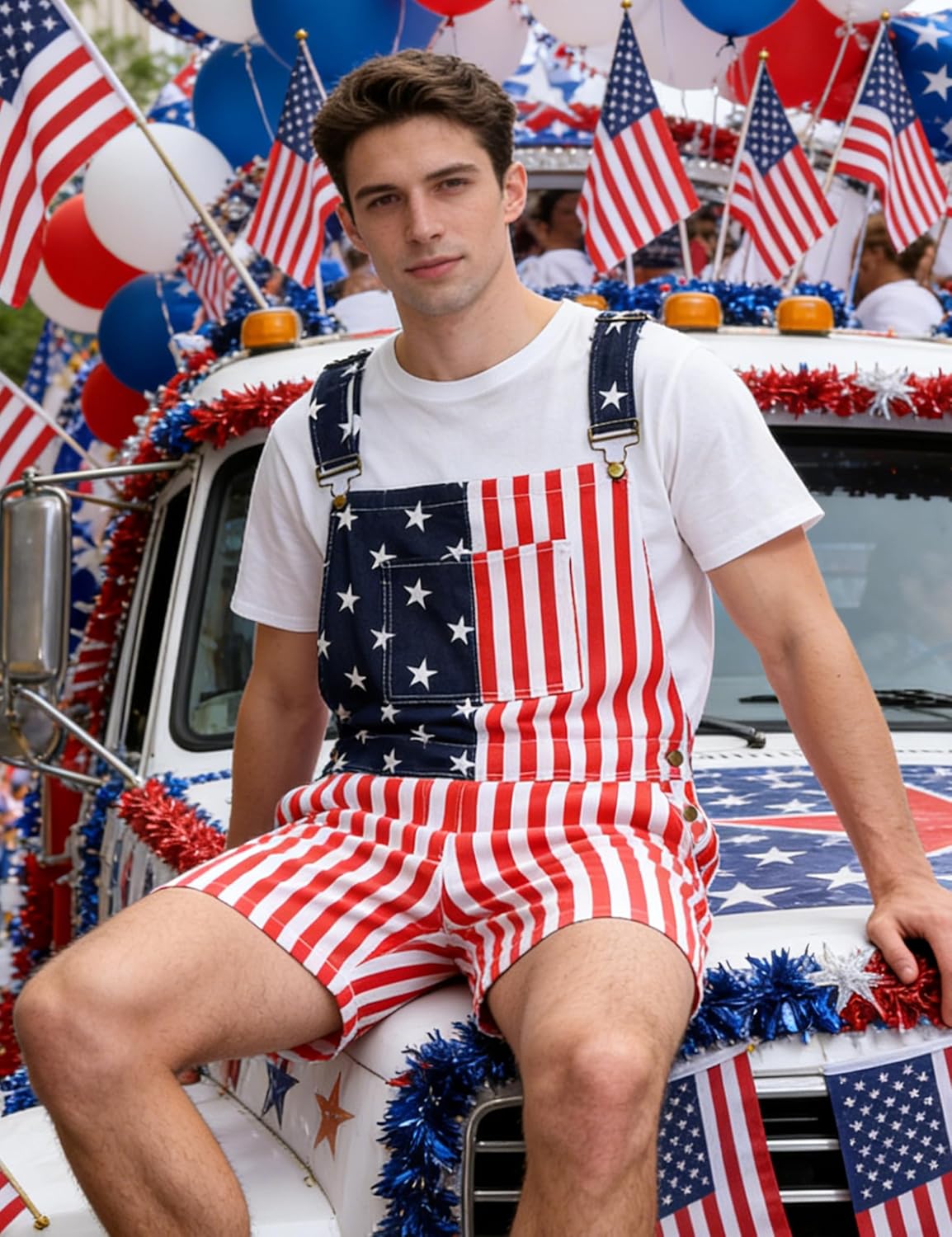 Bib Overalls for Men Adjustable Straps Work Coveralls Printed Shorts Jumpsuit