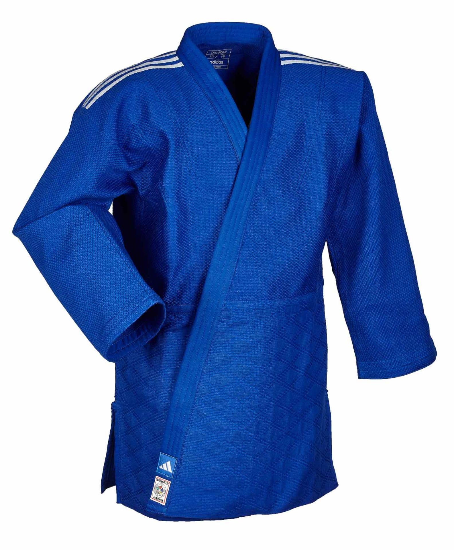 adidas Judoanzug J700 Champion III IJF 3 | Wettkampf Judo-Gi für Fortgeschrittene | IJF Red Label + Green Label | Stoffgewicht 700g/qm | Körpergröße 140-210 cm | Weiß + Blau | Slim-Fit + Regular