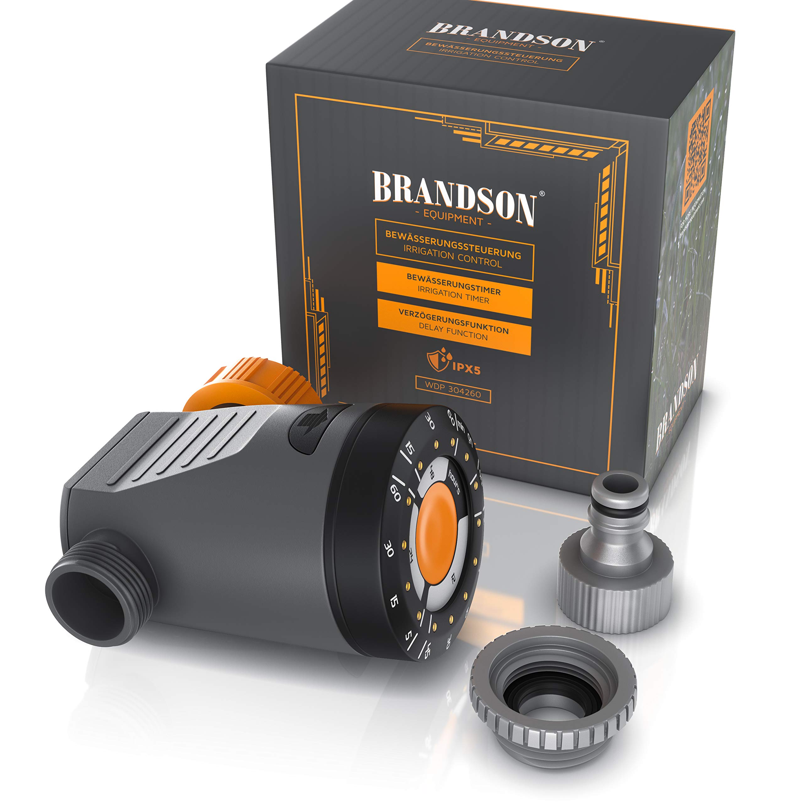 Brandson - Programador de riego, Programador Riego para Jardín, Duración, Ciclo, Función de Retraso, Manual, Operación intuitiva, Temporizador de riego, Con adaptador para Manguera de Jardinde 1/2"