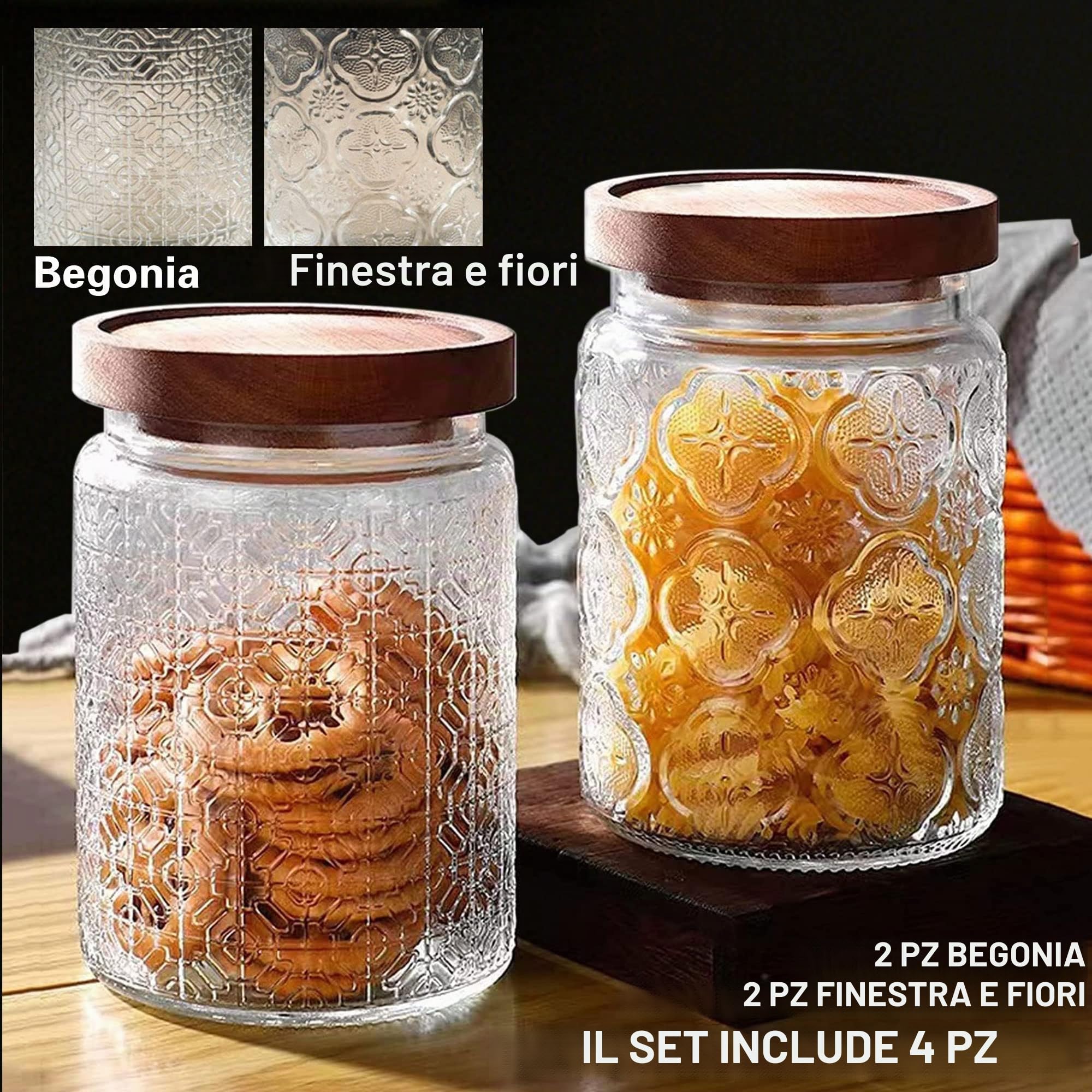 BigKing 4 PZ Barattoli in Vetro Vintage, Contenitore Trasparente per Alimenti, Vasetti di Vetro per Conservazione per Caffè, Tè, Zucchero, Spezie, Farina, Fagioli, Frutta Secca, Biscotti (450ml)