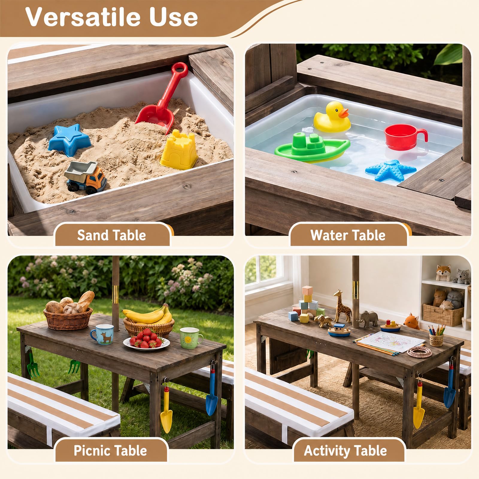 LIFEZEAL 3 in 1 Tavolo da Picnic per Attività con Acqua e Sabbia (Cachi) | Set con Tavolo e Panche per Bambini con Ombrellone Rimovibile e Regolabile, Piano Rimovibile, 2 Scatole da Gioco, per 3+ Anni