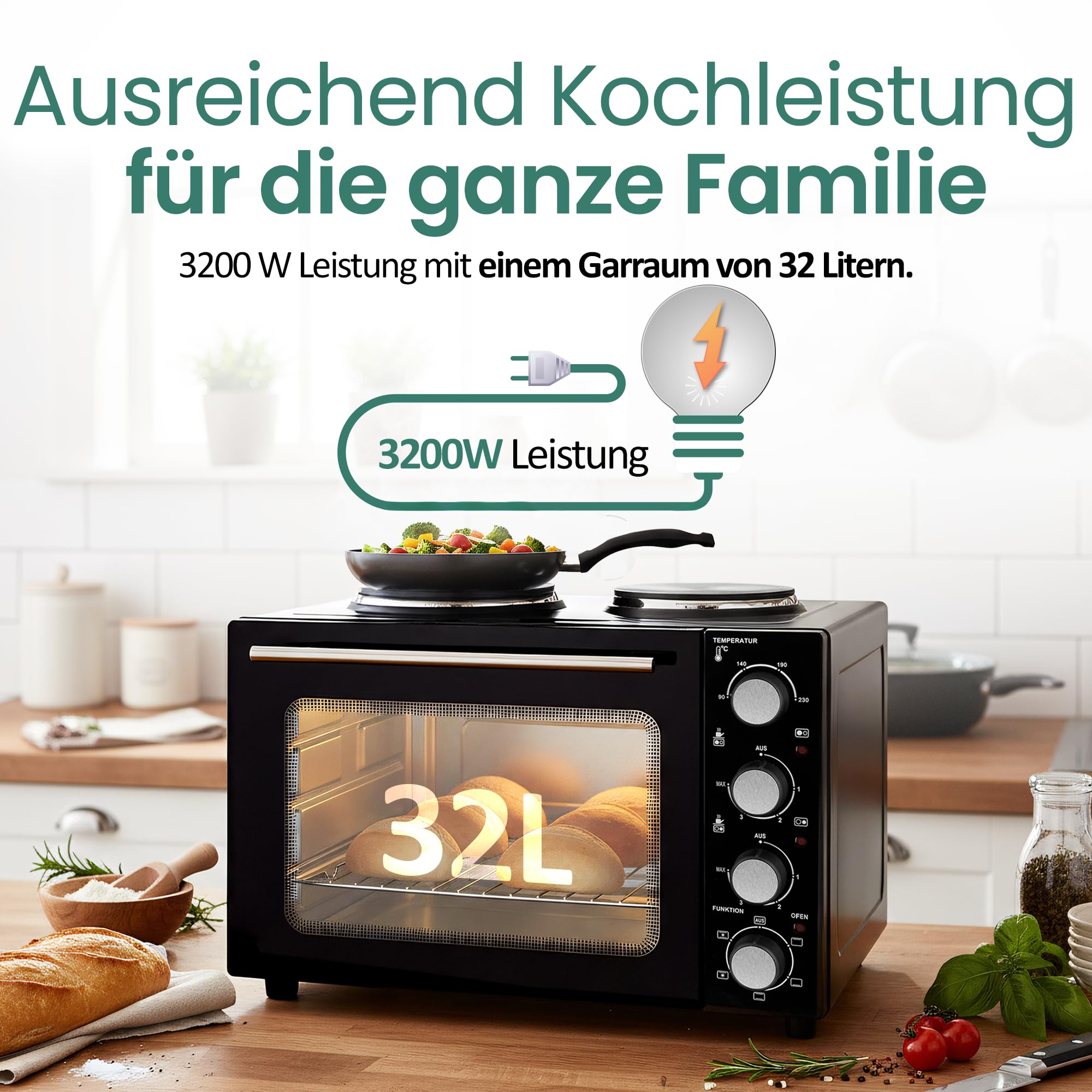EMERIO Backofen mit 32 Litern + 2 Herdplatten | Umluft + Ober-/Unterhitze | Timer + Temperaturregler | inkl. Backblech & Grillrost | kompakter Tischofen für Pizza, Brötchen, Aufläufe | MO-125236.4