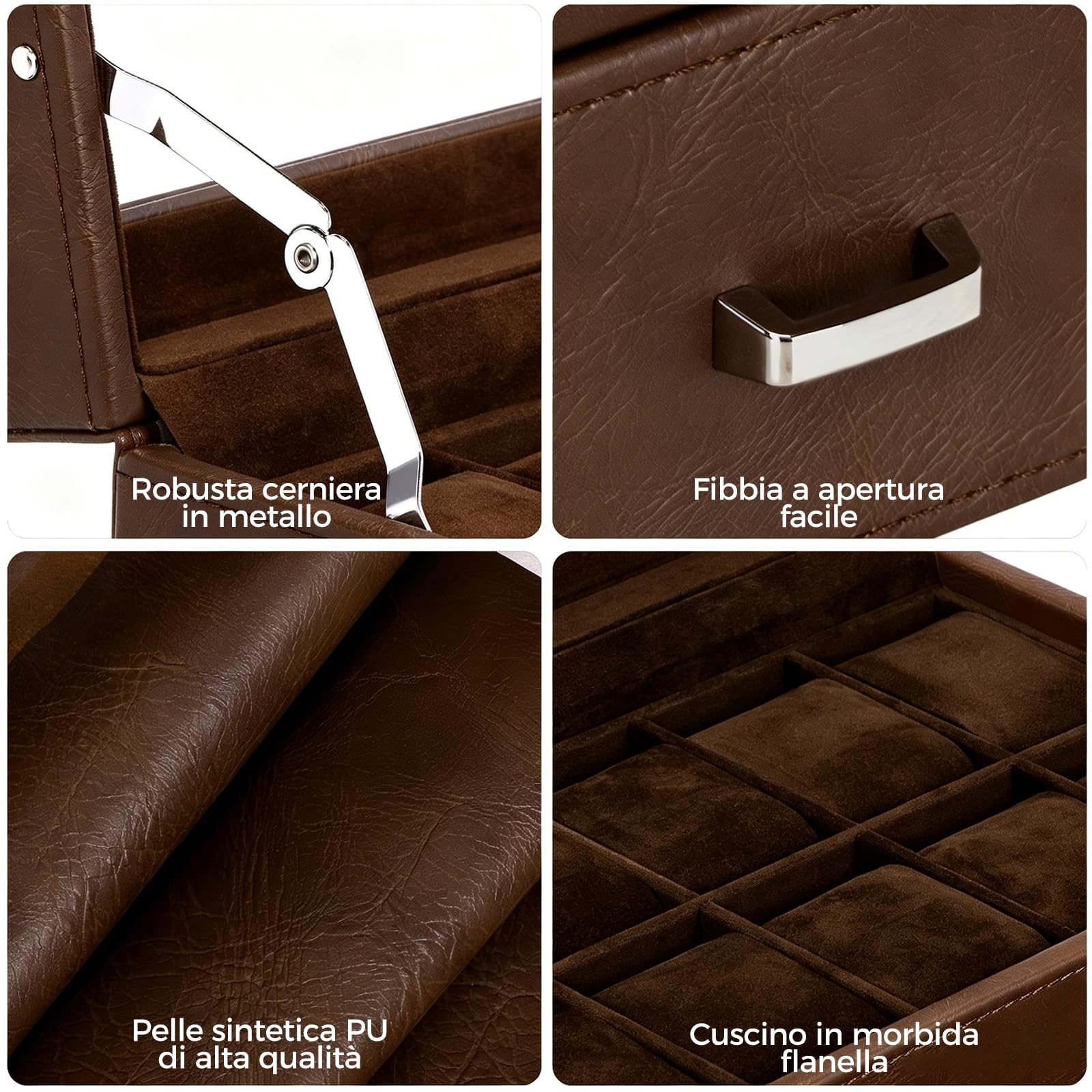 BEWISHOME Porta Orologi a 12 Scomparti, Porta Orologi Uomo a 2 Livelli, Un Classico Scatola Orologi, Cuscino per Orologio Rimovibile, Fodera in Velluto, Idea Regalo Marrone