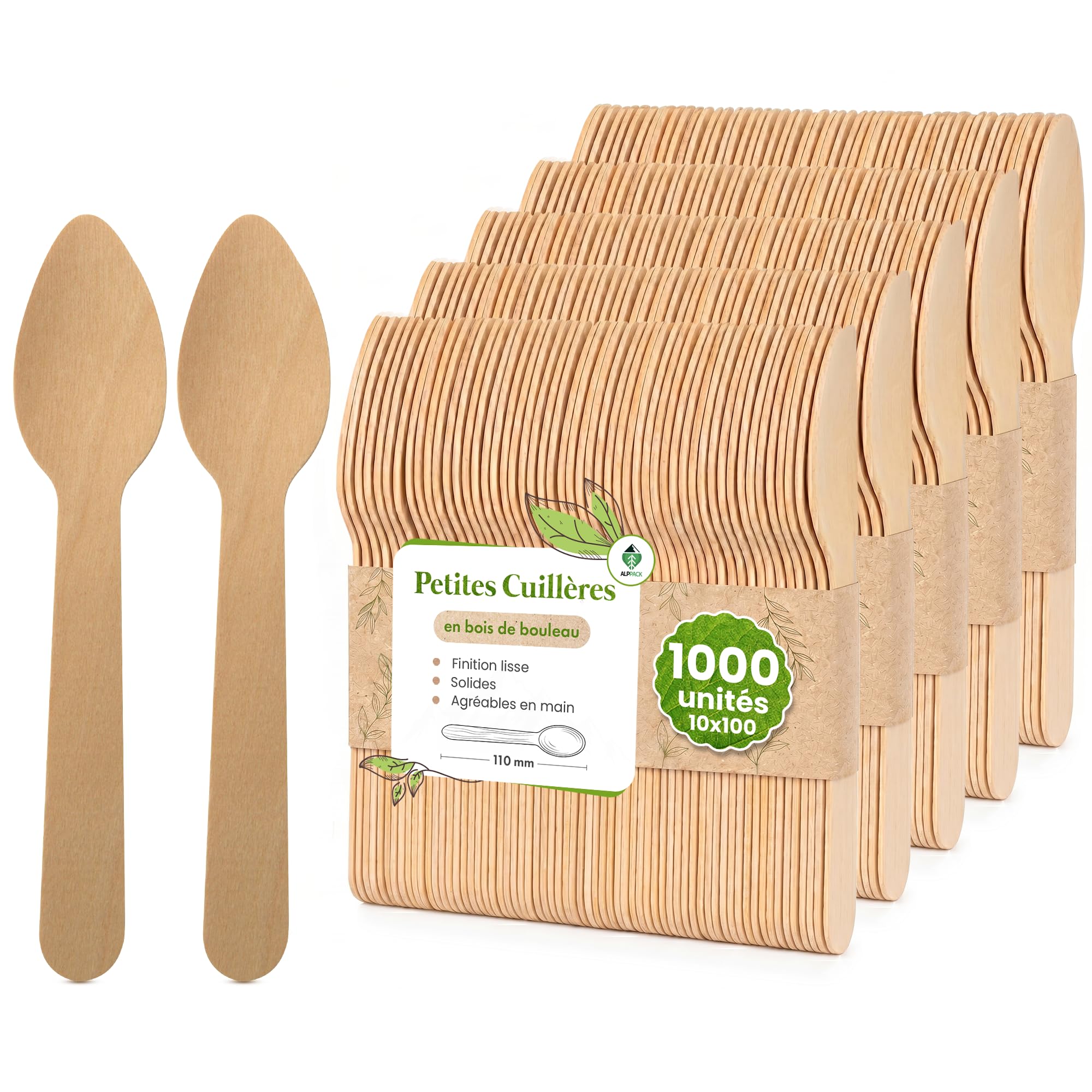 Petites Cuillères Jetables en Bois de Bouleau 11 cm – Lot de 1000, Cuillères à Café, Dessert et Glace Naturelles, Couverts Jetables pour Traiteur, Buffet, Mariage, Réception et Dégustation