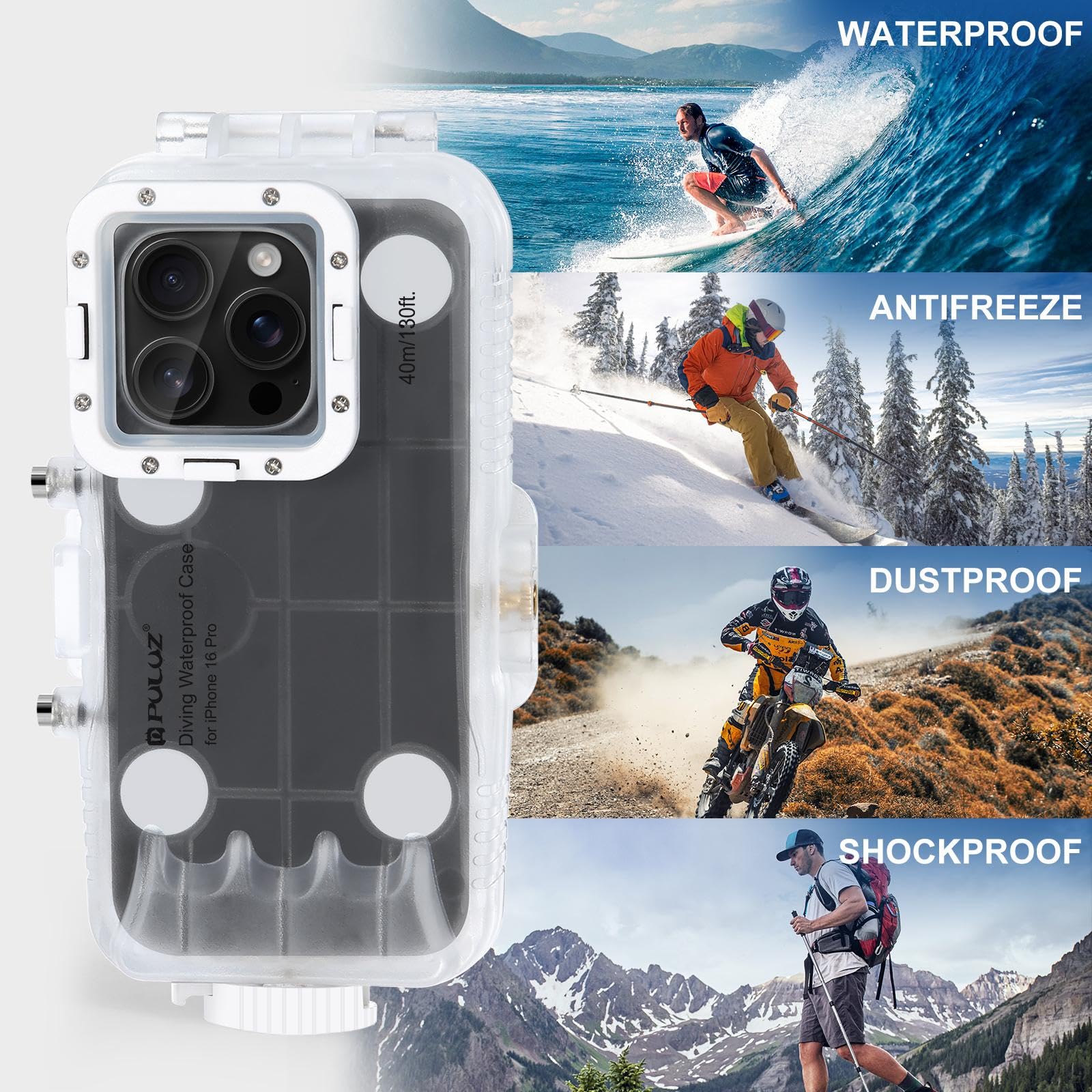 PULUZ Custodia impermeabile per iPhone 16 Pro, custodia protettiva 40 m, custodia subacquea per surf, snorkeling, kayak, trasparente