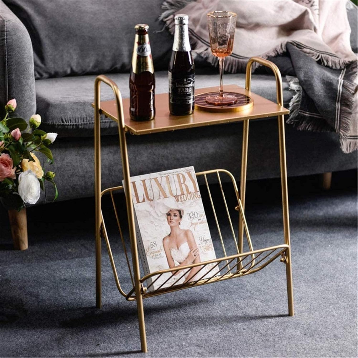 Standing Magazine Stand Nordic Style Hand-Made Small Coffee Table Magazine Box Iron Side Table for Waiting Room and Office Office and Tradeshow Displa (Color : Gold Size : 40×26.5×60)
