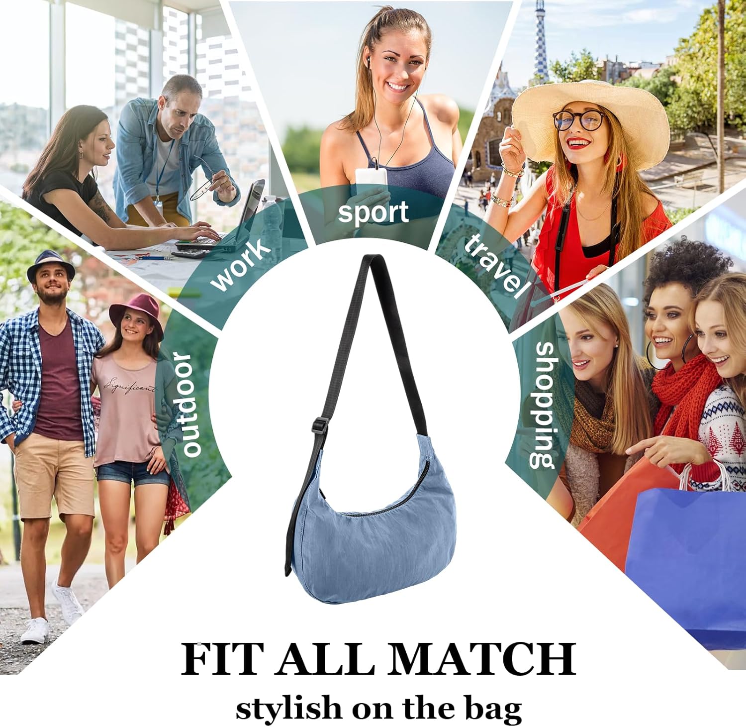 Nylon Crescent Shoulder Bag for Women Men,Crossbody Bag with Adjustable Strap&Dual Interior Zip Pocket - Image 2