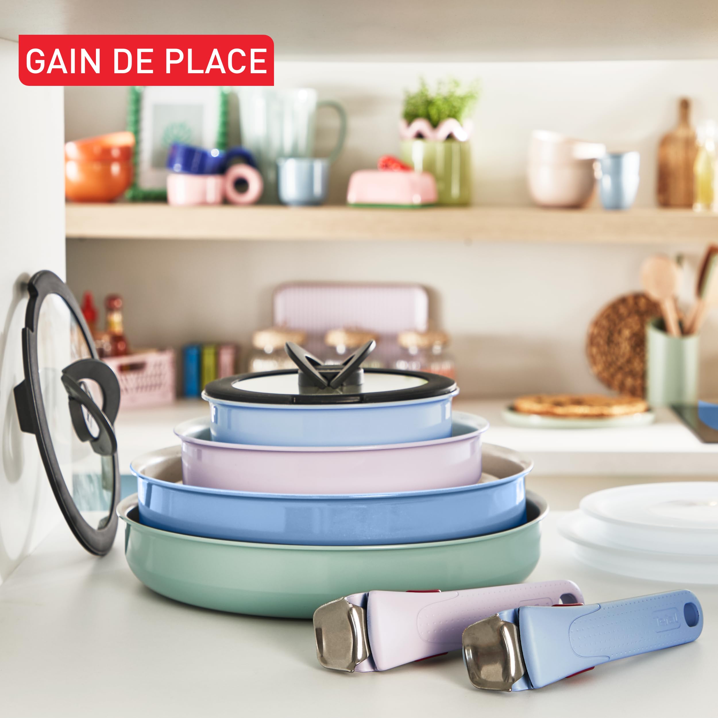 Tefal Ingenio Serenity, Batterie de cuisine 4pièces, Revêtement antiadhésif, Poignée amovible sécurisée, Design empilable, L828S404 EUCALY