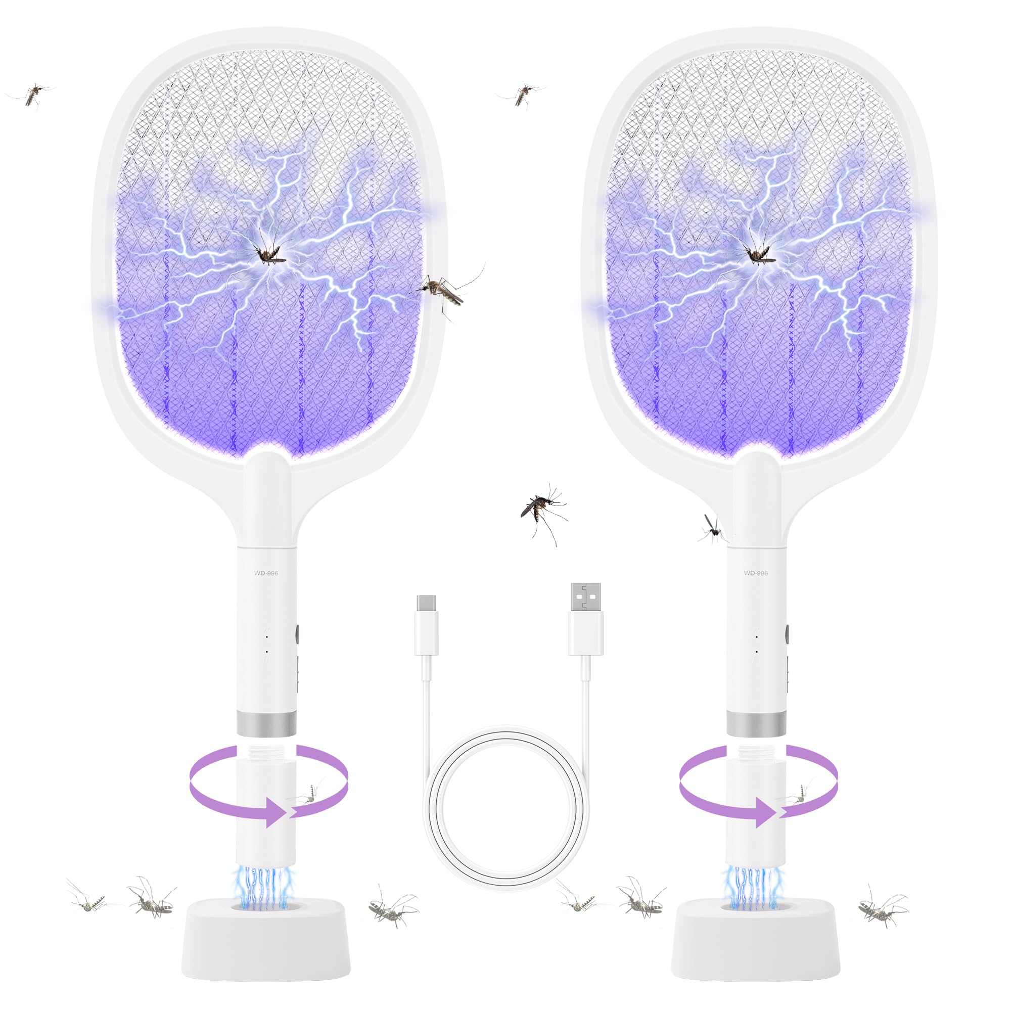Electric Fly Swatter Racket, 4000V Bug Zapper Racket Rechargeable Fly Zapper Dual Modes Mosquito Swatter Portable with Purple Light & 3-Layer Safety Nets for Indoor & Outdoor, 2 Pack-image-1