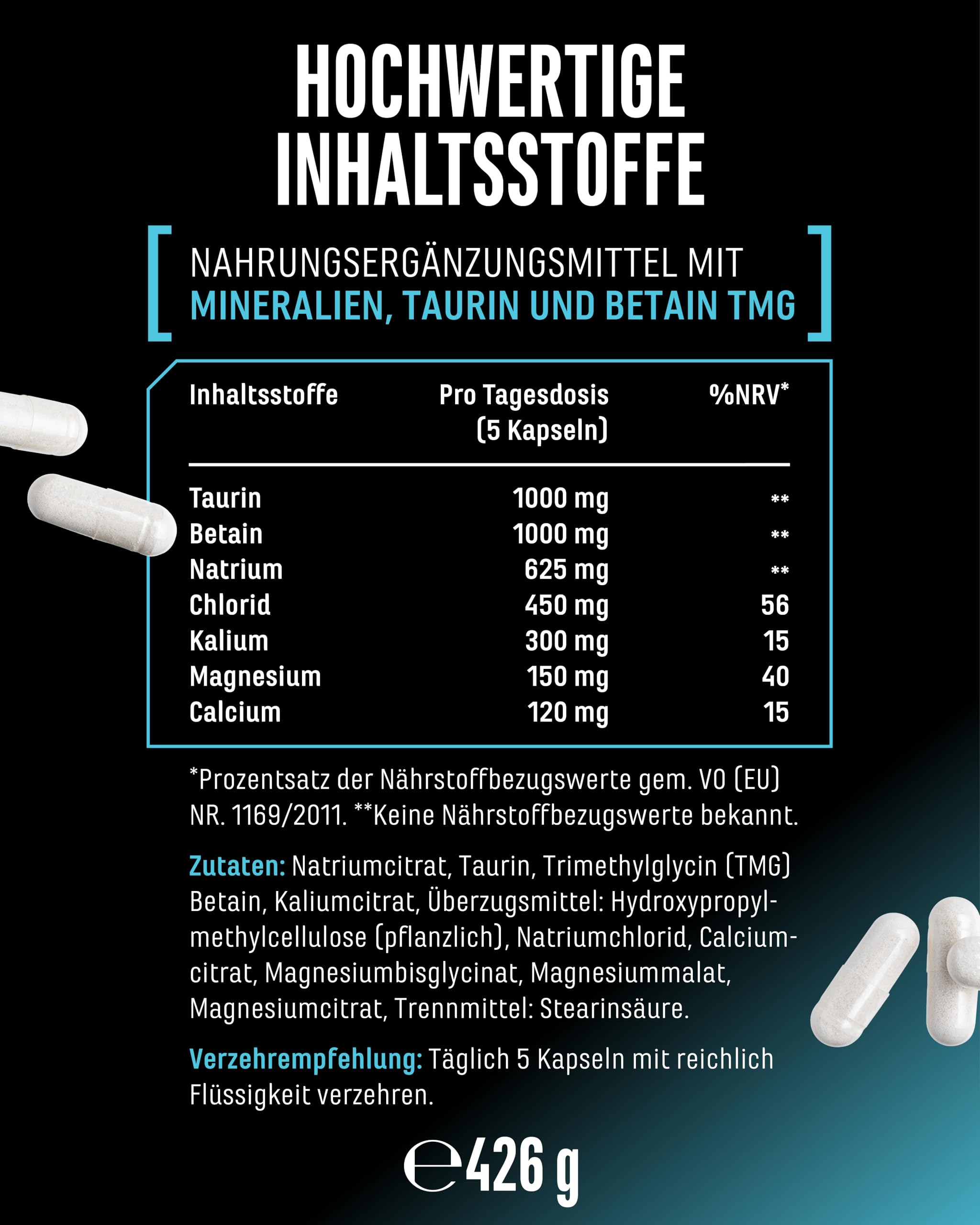 GEN GERMAN ELITE NUTRITION Electrolyte Complex - 300 Kapseln | mit Taurin & Betain (TMG), Natrium, Kalium, Magnesium & Calcium, 3600 mg pro Tagesportion, 60 Portionen