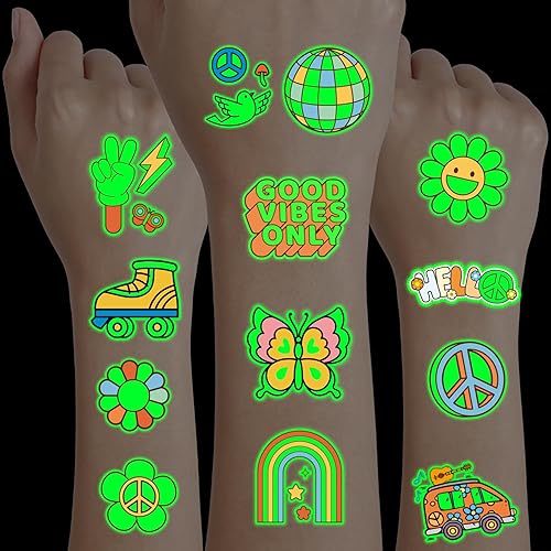 96 tatuajes temporales precortados de los años 70  Poder floral retro, decoraciones de fiesta y recuerdos de Good Vibes  Bonitas calcomanías de