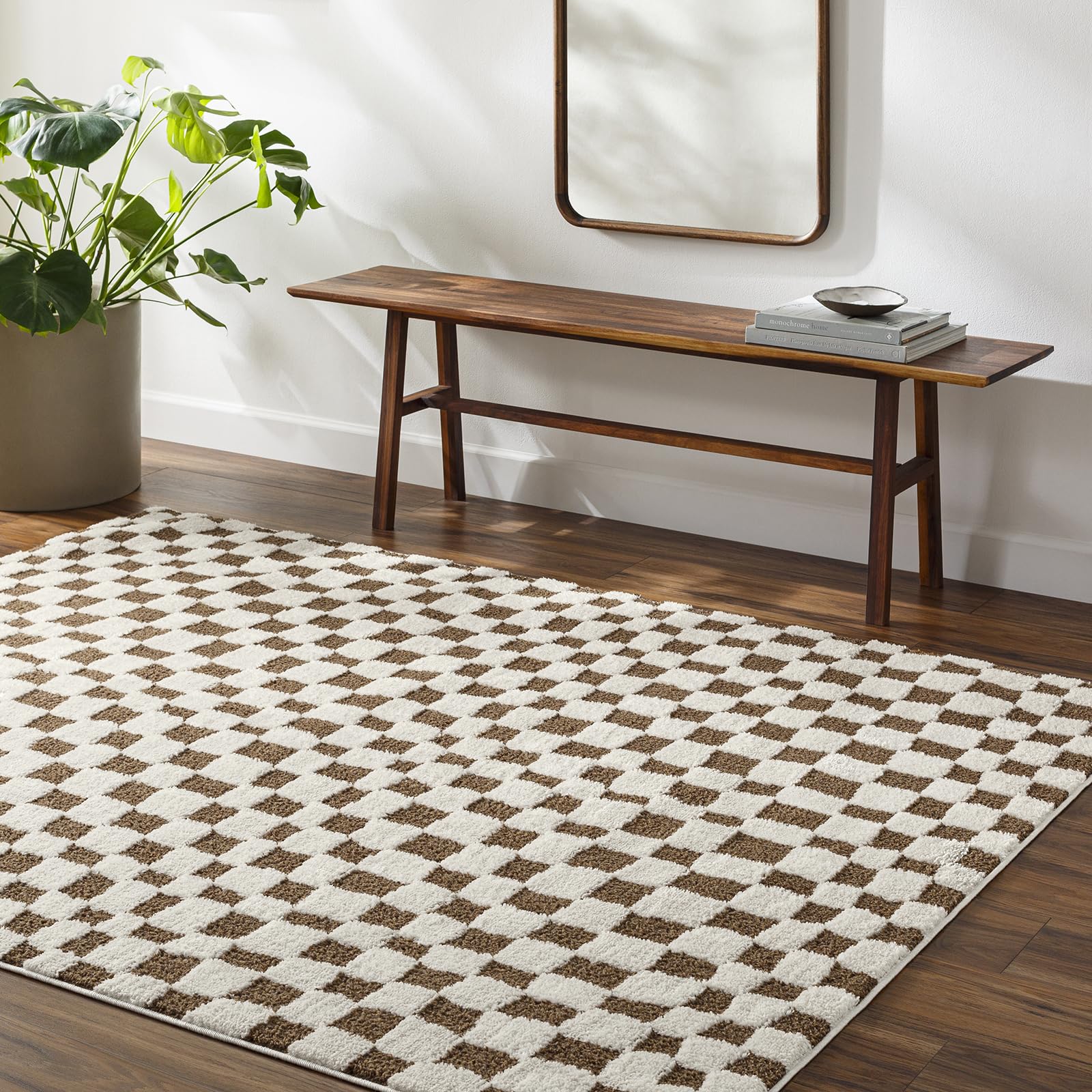 Livabliss Freud-Modern Ivory Brown High Pile Checkered Living Dining Bedroom Rug 140 X 200 Cm Easy CareNon Shedding from B&Q