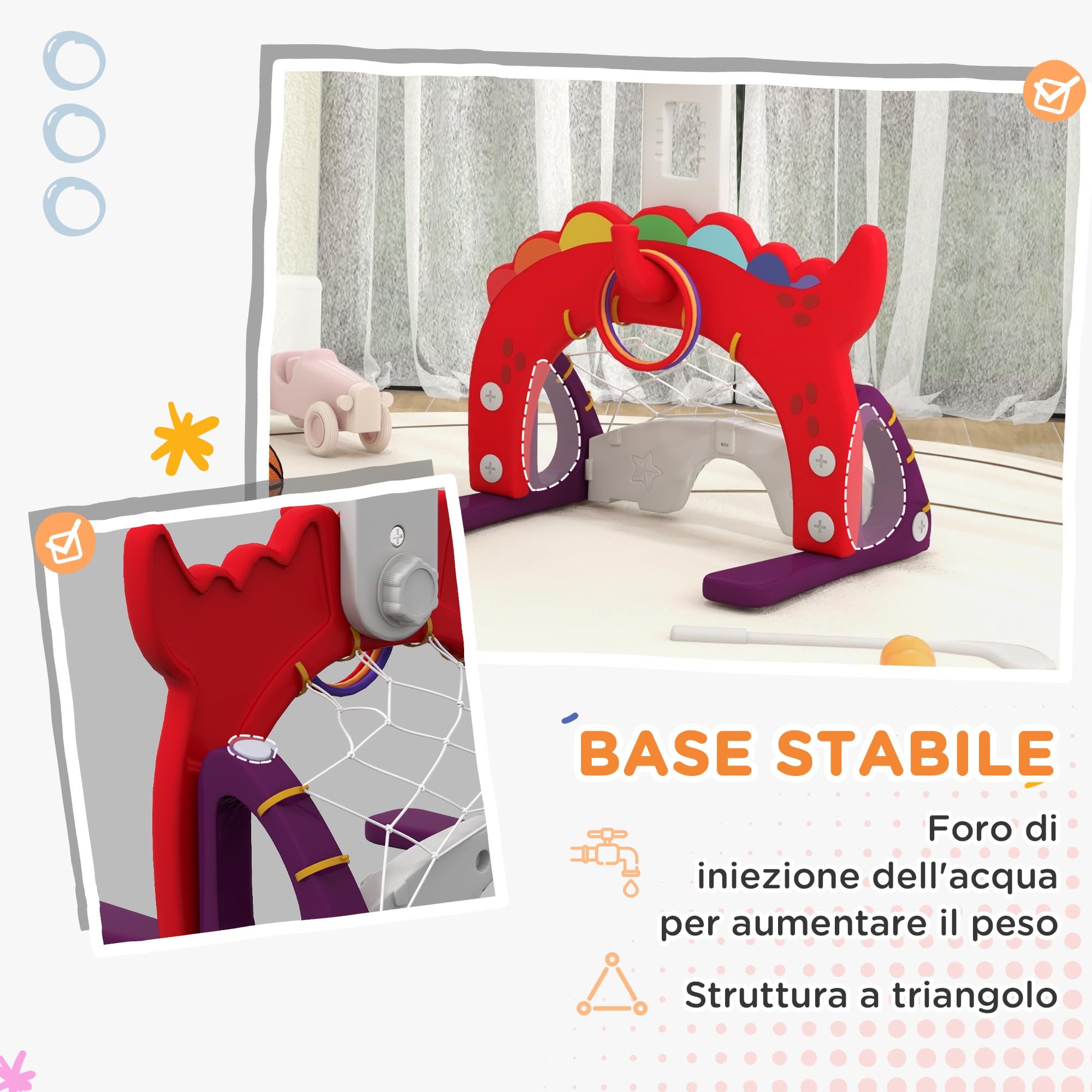 AIYAPLAY Canestro Basket per Bambini 5 in 1 con Altezza Regolabile, Porta da Calcio e Golf, Gioco per Bambini da 3-6 Anni, Rosso