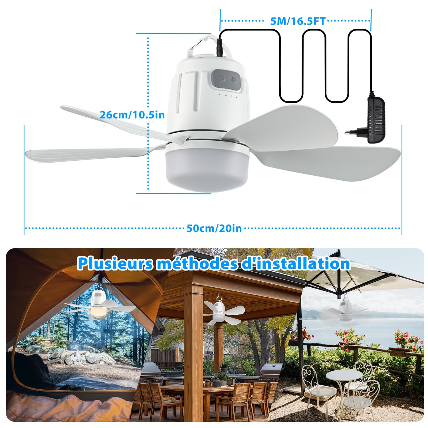 Gliztech Ventilateur Plafond 50cm Avec Lumiere Prise 5m Télécommande Silencieux