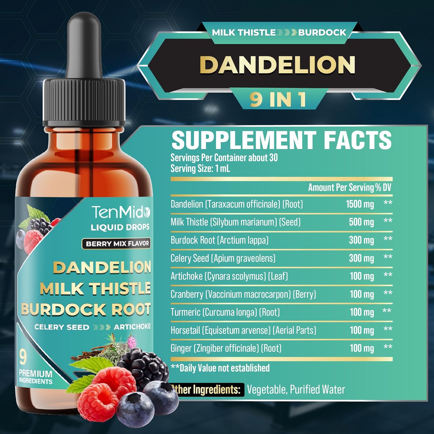 9in1 Dandelion Root Extract - Herbal Liquid Tincture with Milk Thistle, Burdock Root, Celery Seed, Artichoke, Cranberry, Turmeric, Horsetail, and Ginger - 30ml 1 Fl Oz - Image 2
