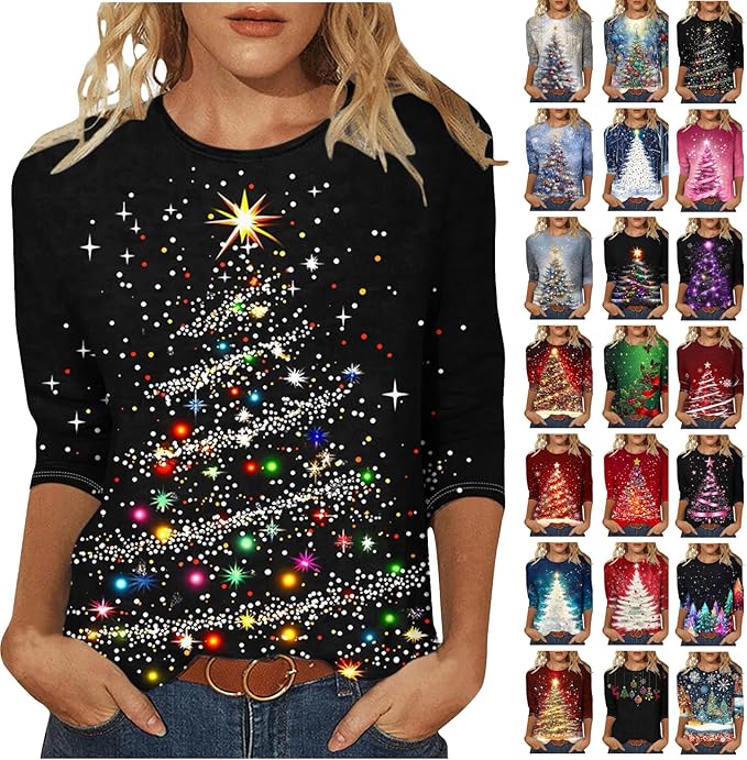 Christmas Shirts for Women 2025 Casual 3/4 Sleeve Funny Holiday Graphic Tee Loose Fit Soft Fall Tops Outfits