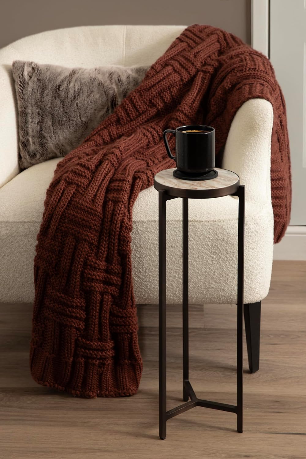 Kate and Laurel Aguilar Modern Round Drink Table, 9 x 9 x 23, Brown Marble and Bronze, Genuine Toronto Marble Accent Table for Use as Indoor Plant Stand or Pedestal Martini Table