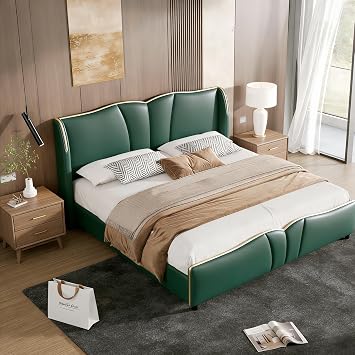 Queen Size Platform Bed Frame, Upholstered Bed with Wingback Headboard & Wavy Footboard, Noise-Free & Heavy Duty 800LBS, No Box Spring Needed, PU Leather Modern Bed Frame Dark Green