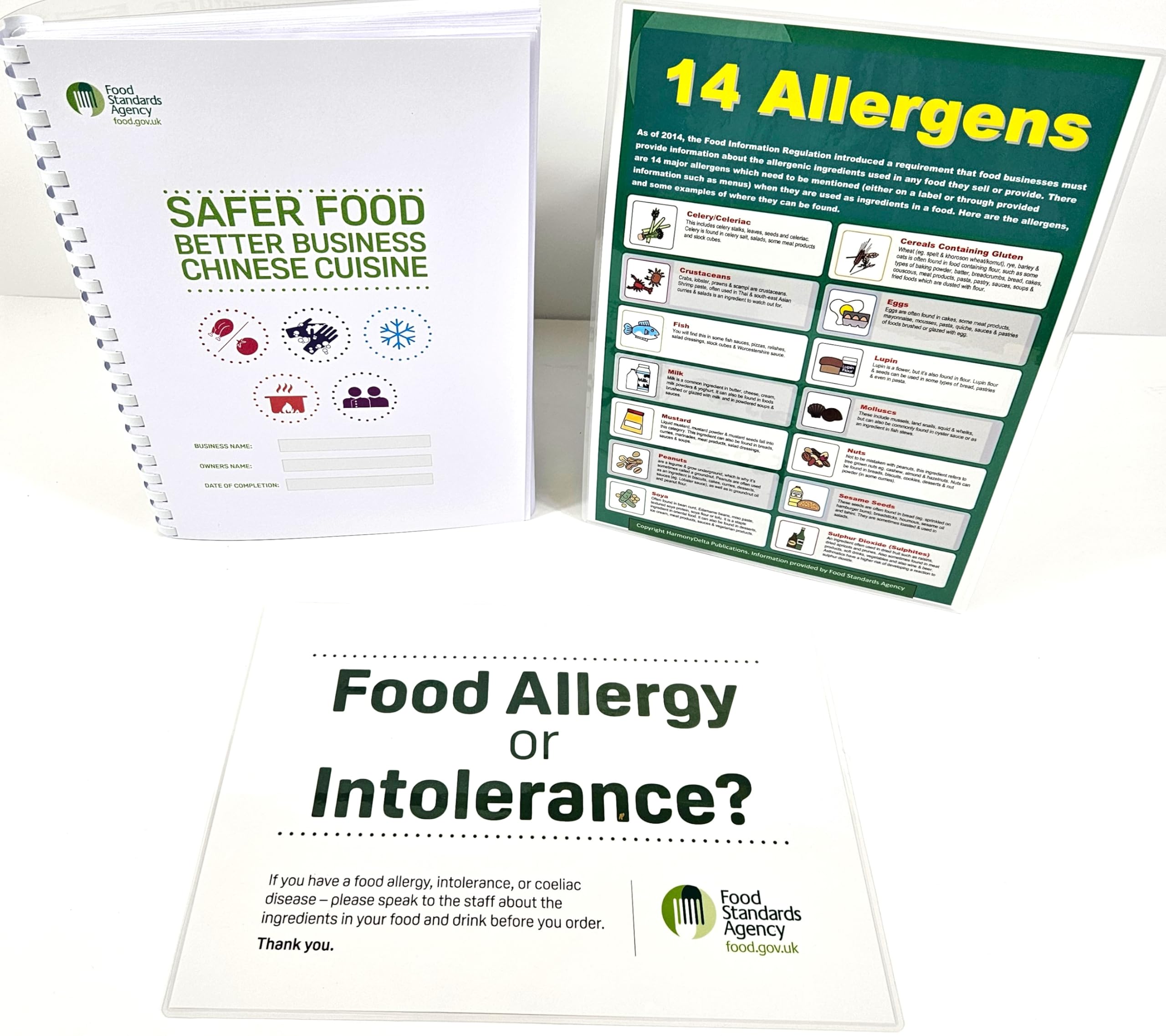 Safer Food Better Business for Chinese Cuisine in English with 13 Months Diary & 13 Months Fridge Temperature Records in 1 Manual. Includes 2 x Allergen Signs
