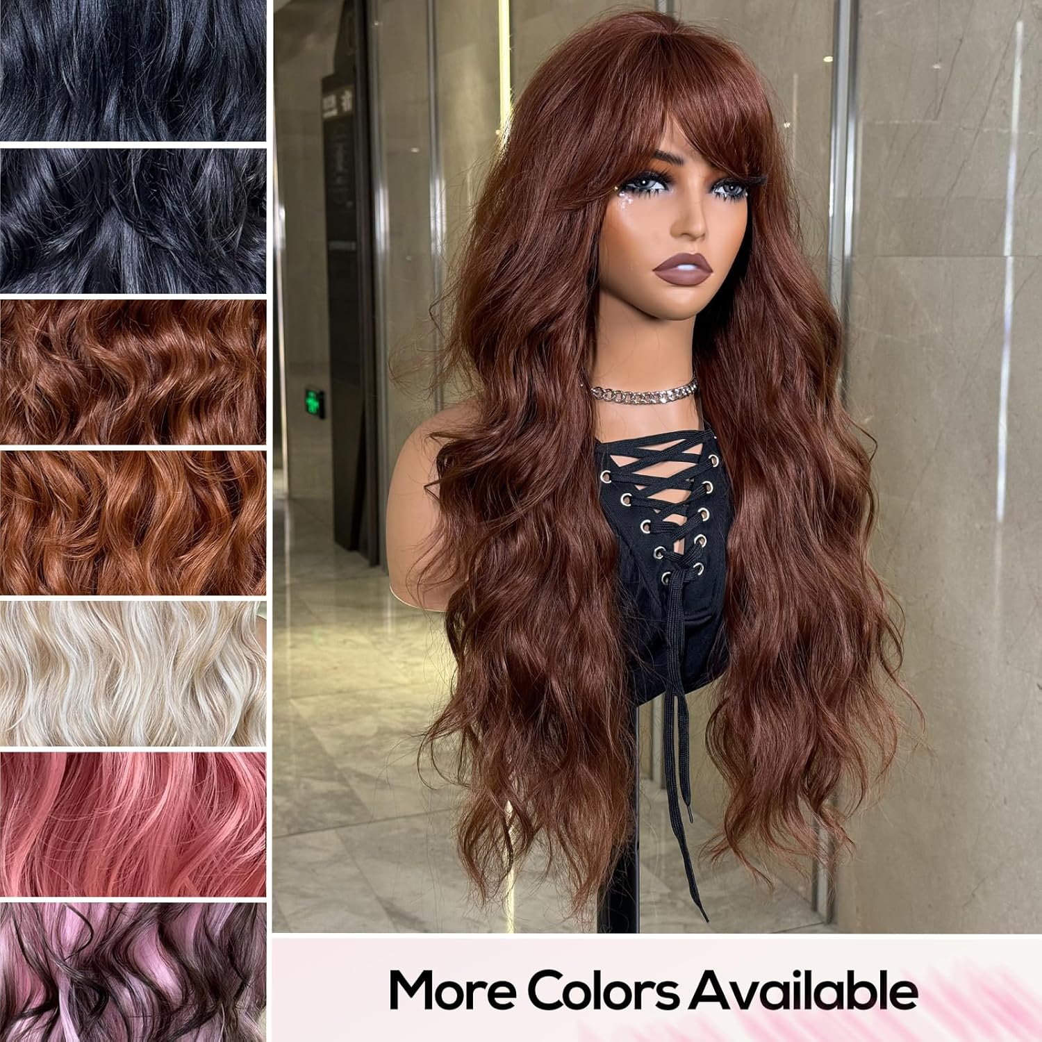 topshe Brown Wig with Bangs Long Curly Wigs for Women Heat Resistant Synthetic Colored Wigs Natural Looking Wavy Hair 26 Inch Daily Party & Cosplay Use - Image 5
