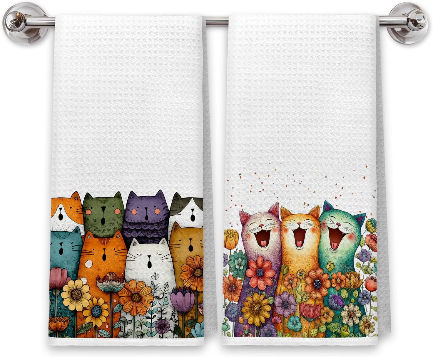 Whimsical Cat Floral Kitchen Towels, Cat Lovers Mom Lady Gifts Dish Tea Towels for Kitchen Decor, Colorful Kitty Kitten Hand Towels for Bathroom Decor, 16x24 Inch Set of 2