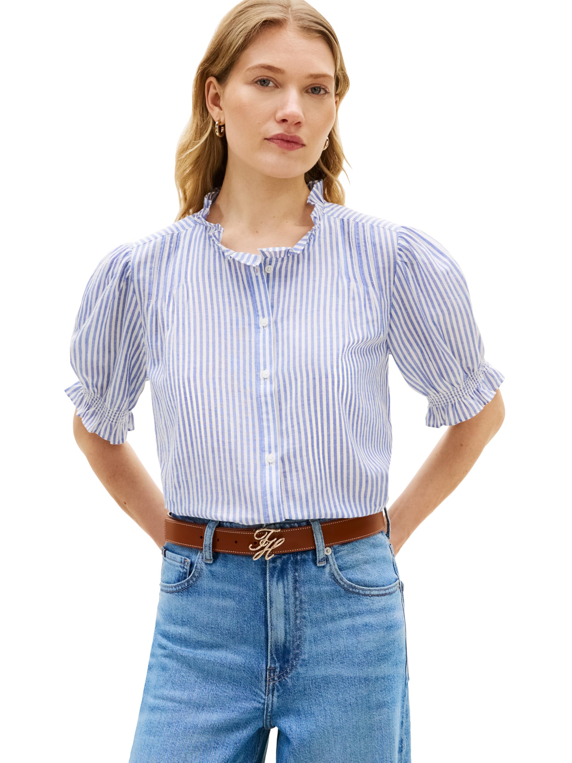 Women's Short Sleeve Button Down Blouse with Puff Sleeve, Women's Button Down Shirts