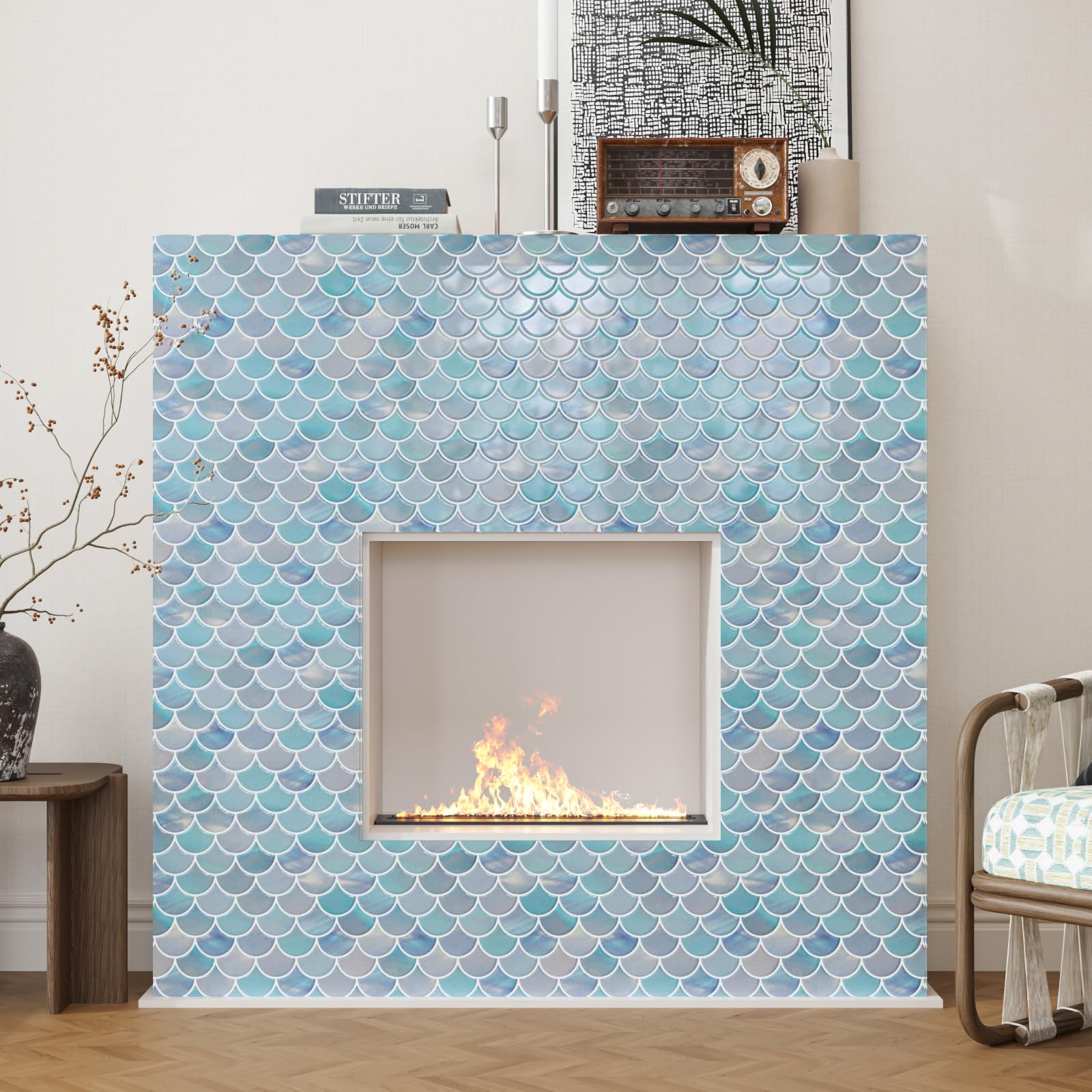 CRE8TIVE 16 Pezzi Piastrelle Adesive Cucina Blu Impermeabile Piastrelle Adesive Muro Viola Blu Forma di Ventaglio Mattonelle Adesive Bagno Mosaico Adesivo Paraschizzi Cucina Camino 30.5cm x 30.5cm