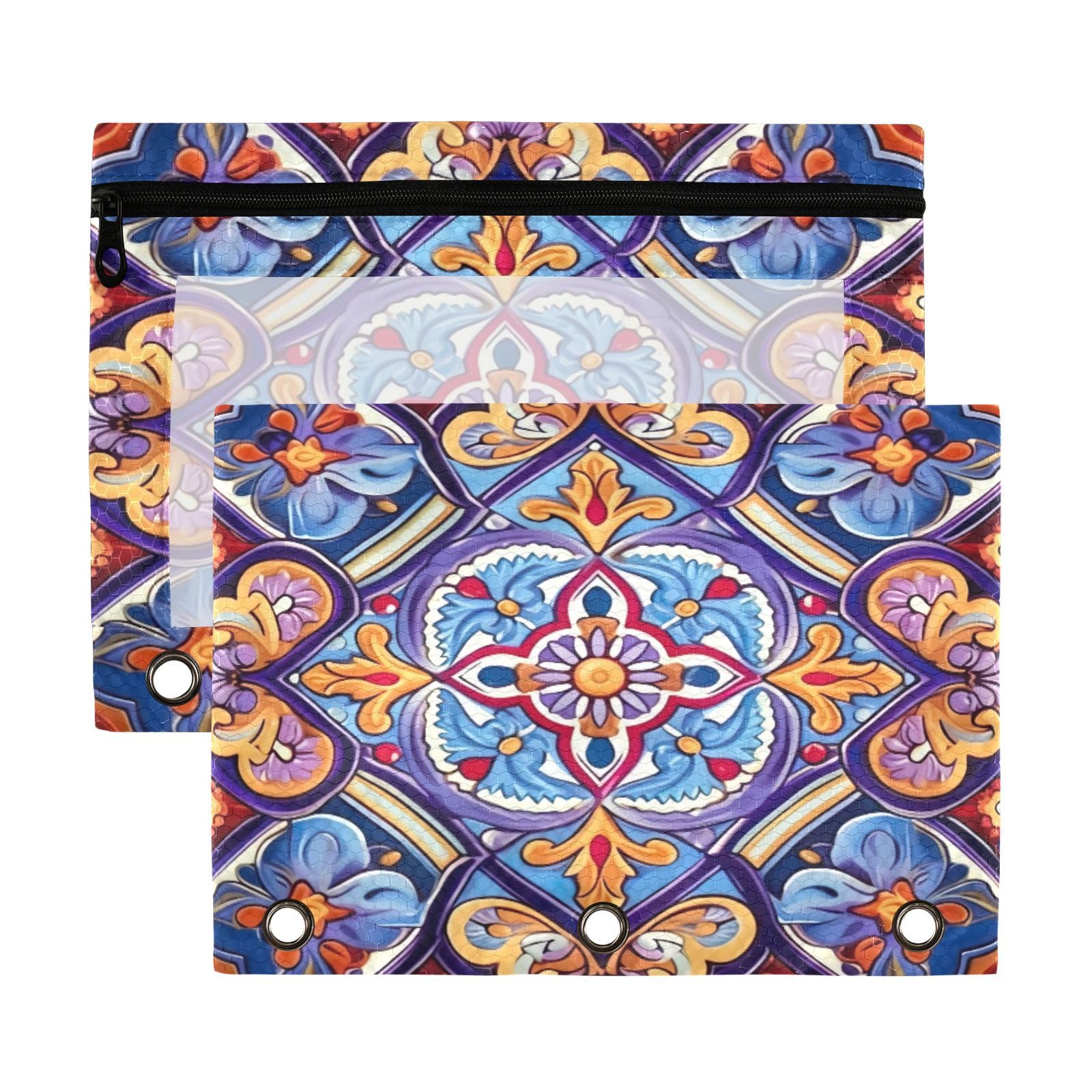 Mexican Ceramic Tile Pencil Pouch for 3 Ring Binder Clear Window Pencil Case for Binder Pencil Bags with Zipper -2 Pack