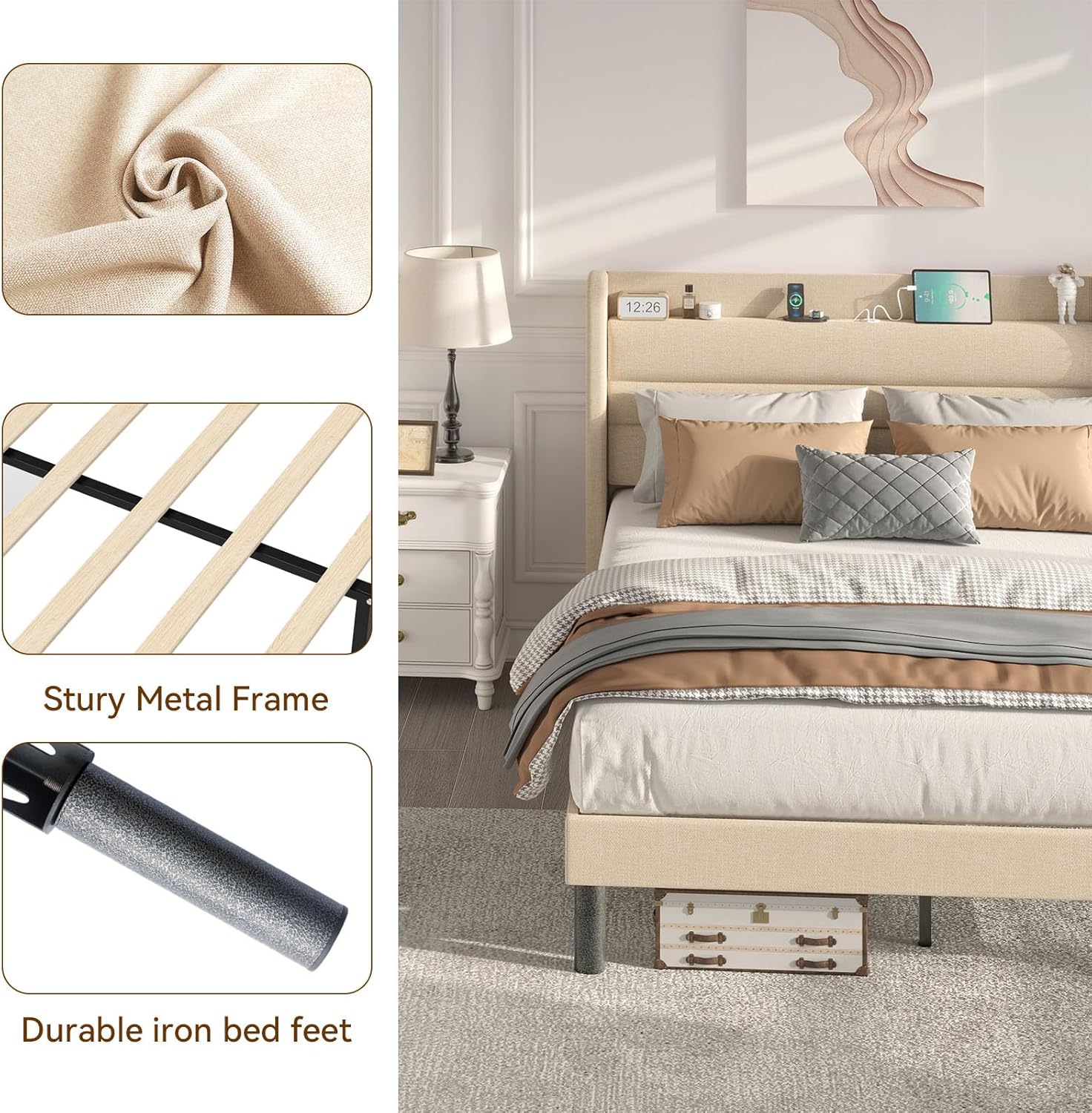 Flolinda Queen Bed Frame with Type-C & USB Ports Upholstered Platform Bed Frame with Wingback Shelf Beige