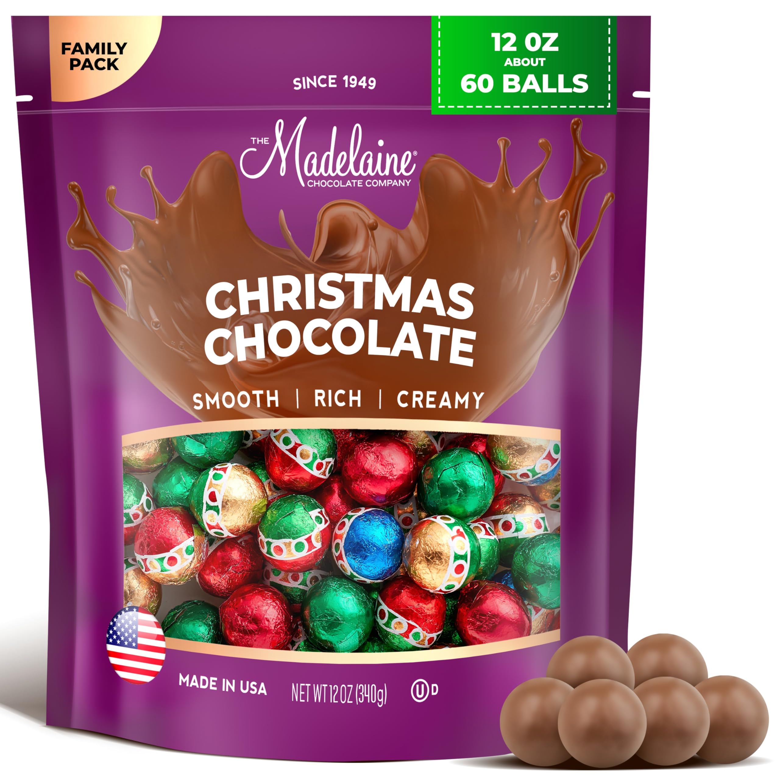 Madelaine Milk Chocolate Christmas Ornament Balls – Individually Wrapped Holiday Chocolates for Kids – Christmas Candy Stocking Stuffers & Holiday Gift Basket Treats – 12 Oz Bag (Approx. 60 Pieces)