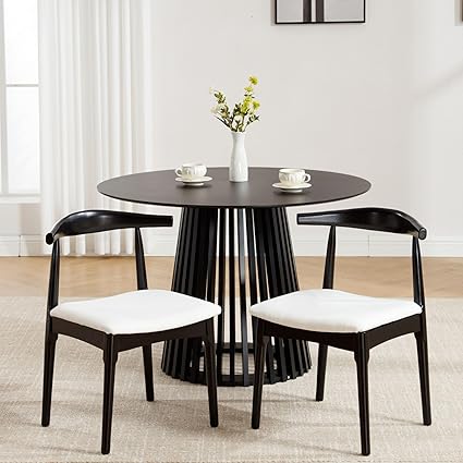 Wood Dining Chairs Set of 2, Linen Fabric Dining Chairs with Open Curved Back, Mid Century Modern Dining Room Chairs Farmhouse Kitchen Chairs for Dining Room Restaurant -Black Wood Finish, Beige
