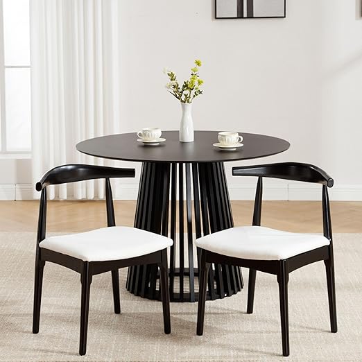 Wood Dining Chairs Set of 2, Linen Fabric Dining Chairs with Open Curved Back, Mid Century Modern Dining Room Chairs Farmhouse Kitchen Chairs for Dining Room Restaurant -Black Wood Finish, Beige
