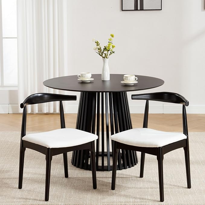 Wood Dining Chairs Set of 2, Linen Fabric Dining Chairs with Open Curved Back, Mid Century Modern Dining Room Chairs Farmhouse Kitchen Chairs for Dining Room Restaurant -Black Wood Finish, Beige