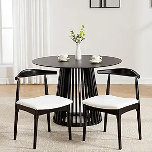 Wood Dining Chairs Set of 2, Linen Fabric Dining Chairs with Open Curved Back, Mid Century Modern Dining Room Chairs Farmhouse Kitchen Chairs for Dining Room Restaurant -Black Wood Finish, Beige