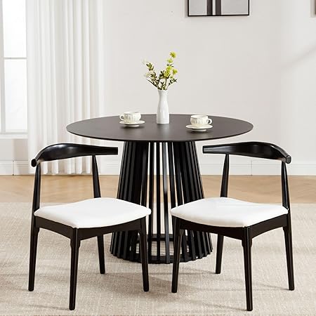 Wood Dining Chairs Set of 2, Linen Fabric Dining Chairs with Open Curved Back, Mid Century Modern Dining Room Chairs Farmhouse Kitchen Chairs for Dining Room Restaurant -Black Wood Finish, Beige
