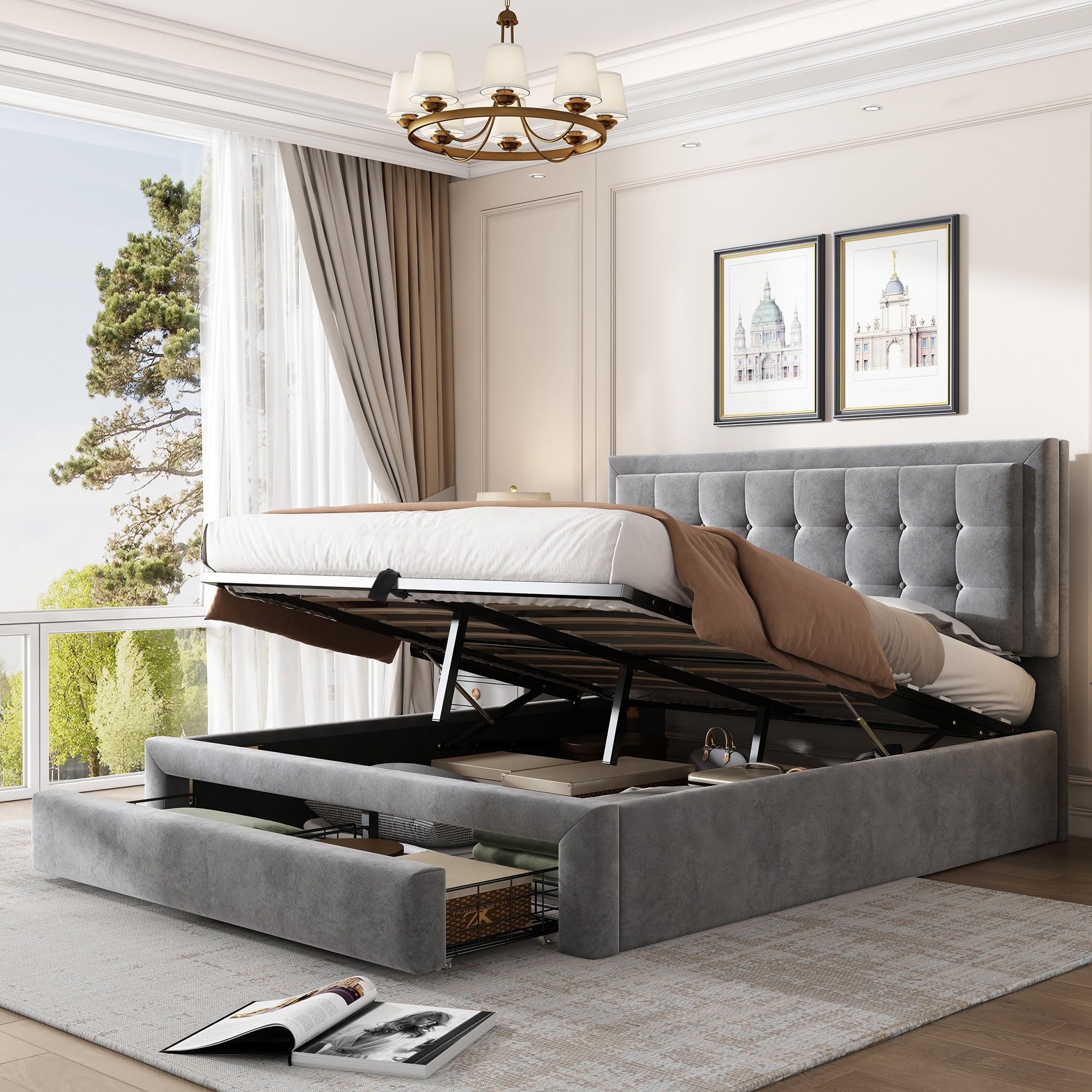 Merax 4ft6 Double Bed Frame, Gas Lift Storage Premium Fabric Bed, Ottoman Double Bed Frame, (4ft6 Grey Velvet, No Mattress Included)