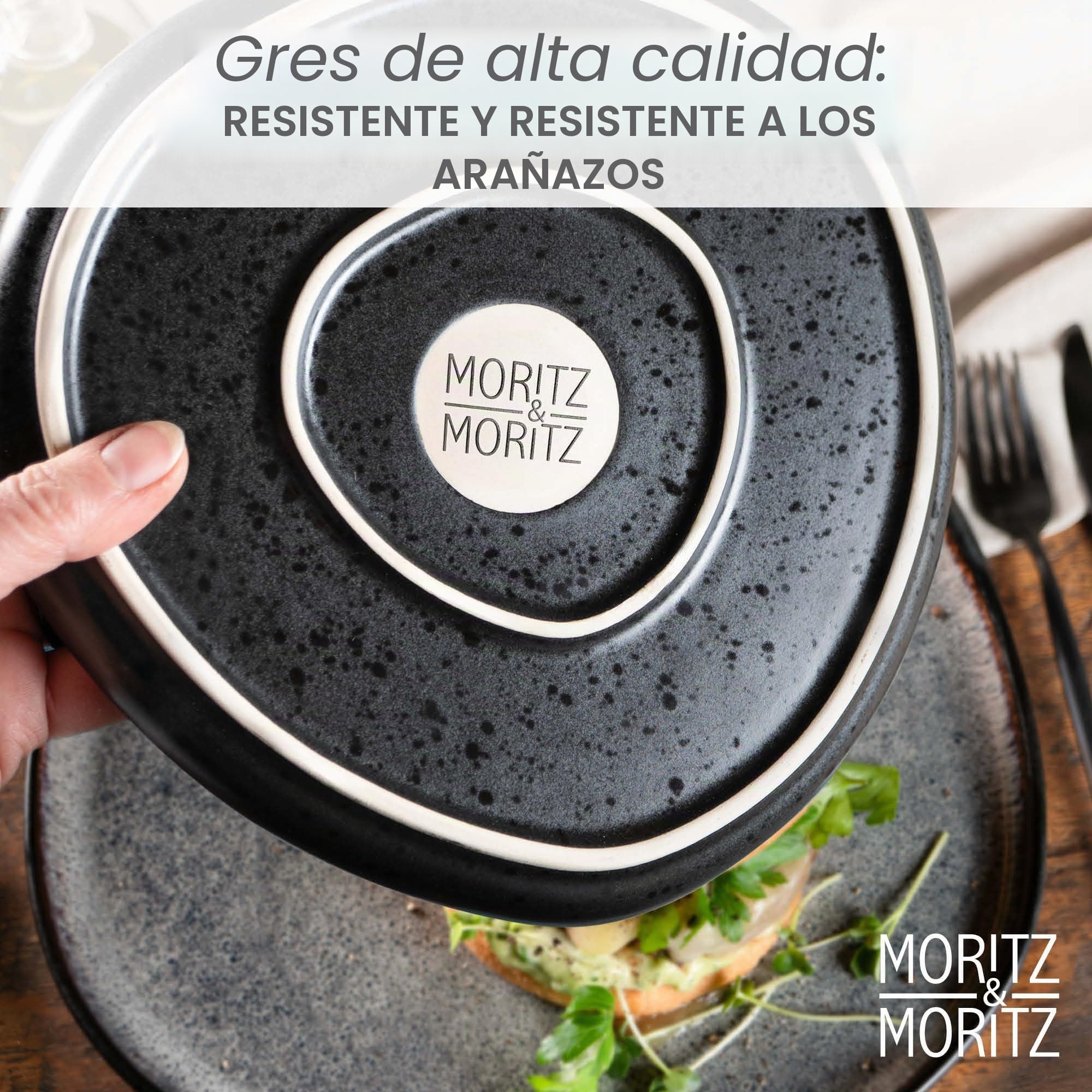 Moritz & Moritz Vajilla de 18 piezas para 6 personas, color gris, elegante juego de platos de gres de alta calidad, vajilla para 6 personas, 6 platos de cena, 6 platos de postre, 6 platos hondos