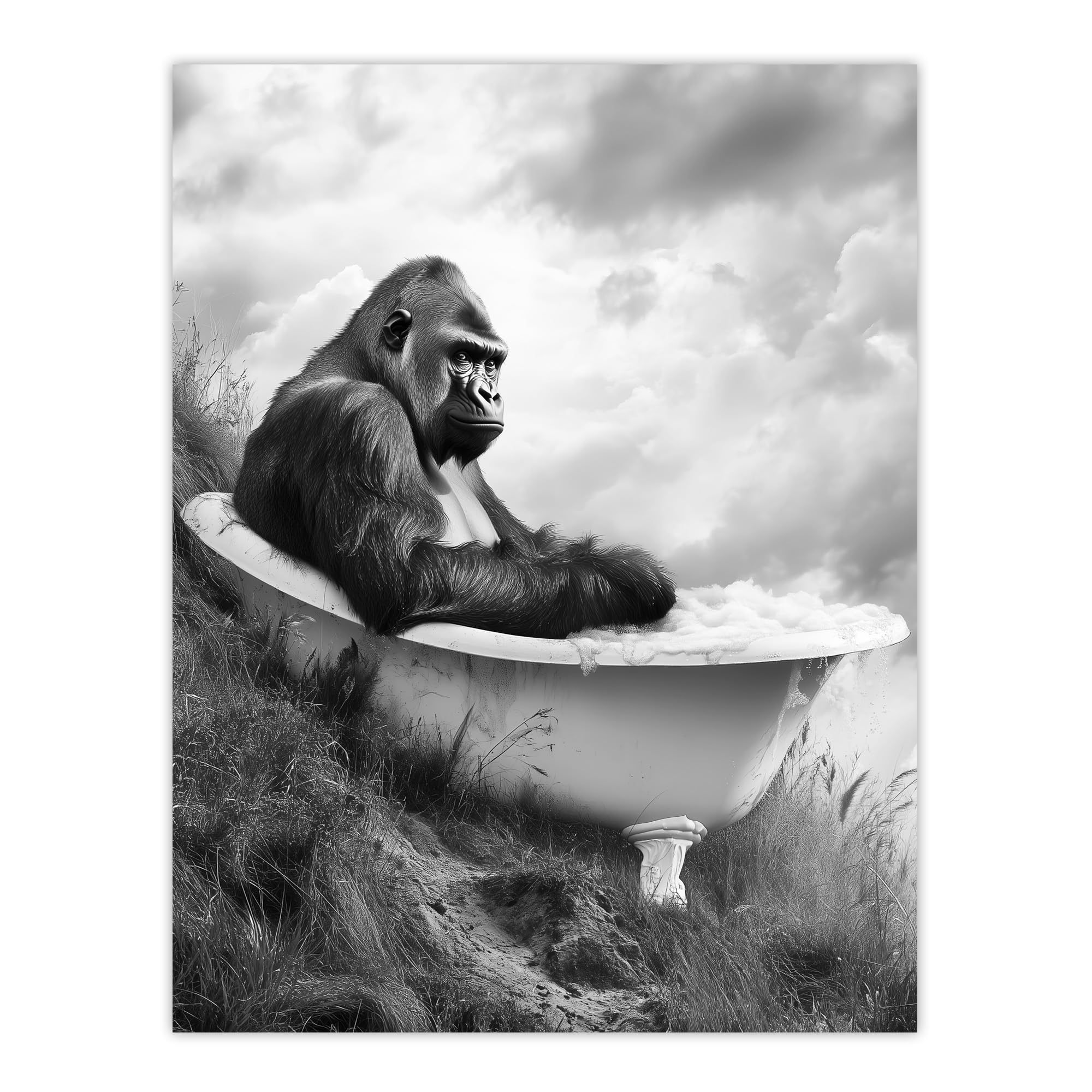 Artery8 Gorilla Bubble Bath Bathtub Black White Surreal Bathroom Toilet Extra Large XL Wall Art Poster Print
