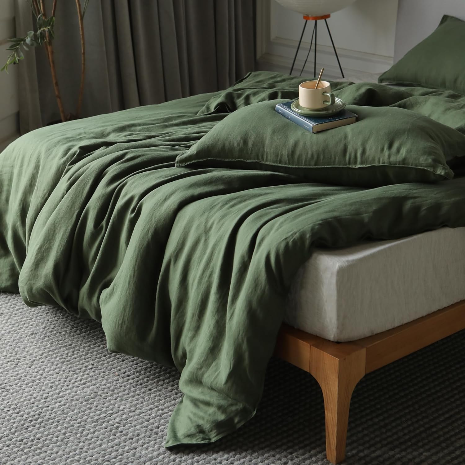 XZ XIFA Green Linen Duvet Cover King, 100% Washed French Flax Linen Bedding with Zipper Closure, Cooling for Hot Sleepers, Textured Bed Sets - 1 Duvet Cover and 2 Pillowcases